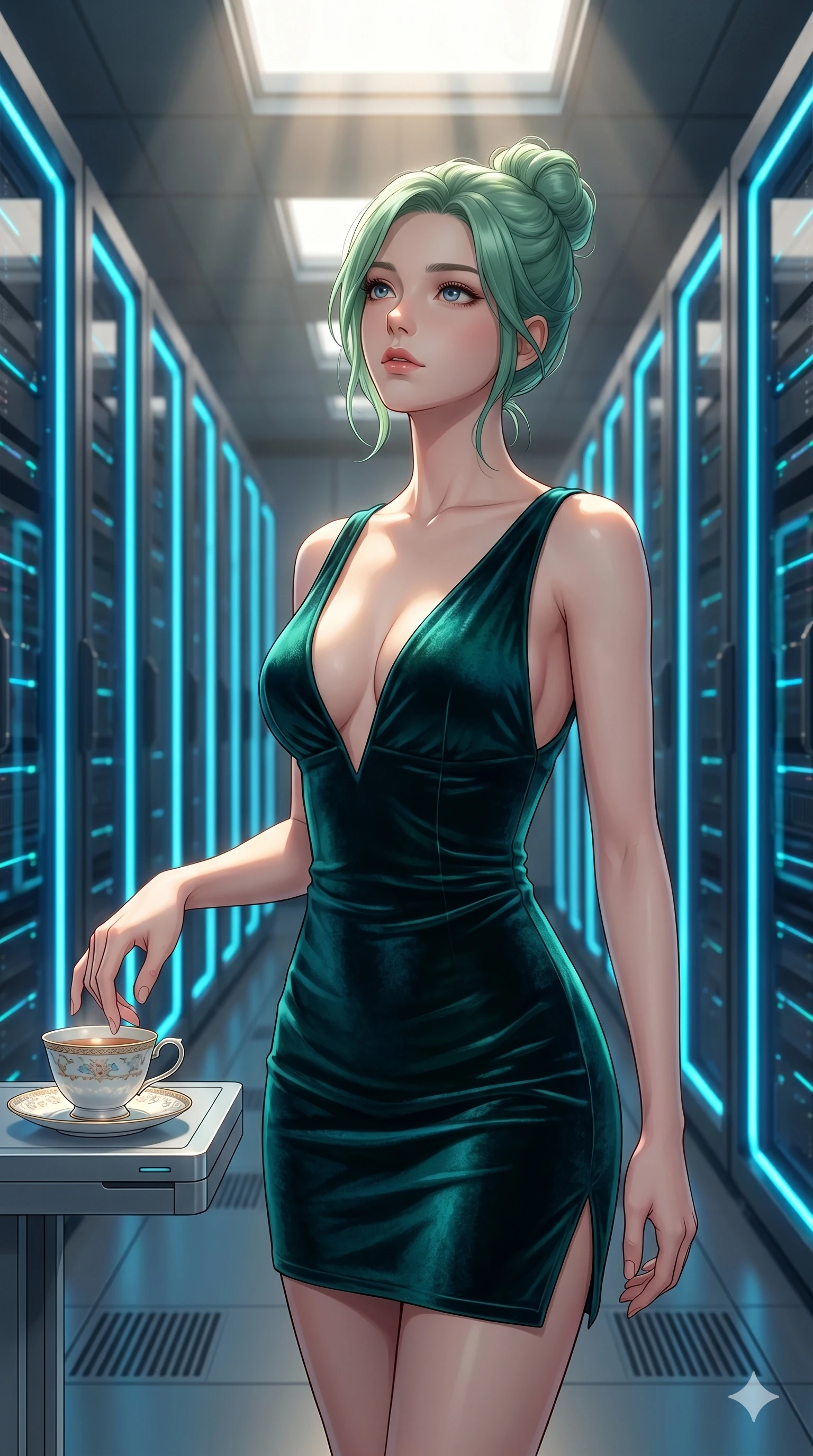 score_9, masterpiece, best quality, ultra-detailed, high-budget anime keyframe, editorial fashion photography, tasteful artistic composition, Japanese woman. cowboy shot from the thighs up, character and outfit filling the frame for maximum editorial presence. resting her fingers on a porcelain tea cup, looking up inside a digital server room with rows of pulsing neon blue light lines (Code-P18-077). She has an absolutely perfect 8-heads proportion, an exceptionally tall and slender female figure with impossibly long slender legs and an ultra-slim waist. V-shaped jawline, high-bridge nose, intricate jewel-like eyes with depth, thick eyelashes, glossy lips with a natural sheen. wearing a velvet bodycon mini dress featuring a daring plunging neckline and high slit. soft morning sunbeams filtering through the skylight, highlighting her high-bridge nose. 2k, ultra detail, master piece, 9:16 ratio