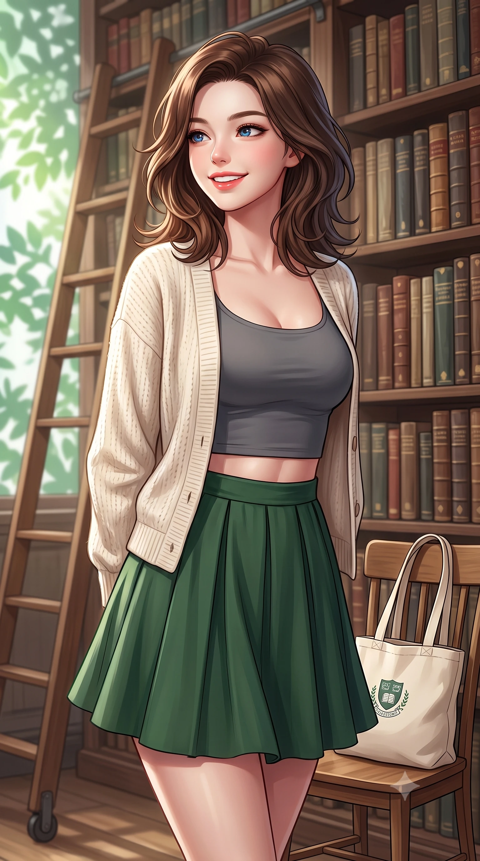 score_9, masterpiece, best quality, ultra-detailed, high-budget anime keyframe, editorial fashion photography, tasteful artistic composition, Korean woman. close-up cowboy shot from the waist and thighs up, the character dominates the composition, filling the frame with her large presence, background elements kept in soft focus. gazing past the camera with a happy, bright expression and a warm smile set against a soft-focus background of in a university archives room with tall ladders and rows of vintage manuscripts with a cute canvas book tote bag sitting on the chair next to her. She has an exceptionally elegant, slender, and willowy female figure with an ultra-slim waist, a gracefully sculpted slender torso, and a refined silhouette. sharp v-shaped jawline, high-bridge nose, intricate jewel-like eyes with depth, thick eyelashes, glossy lips with a natural sheen. wearing body-hugging crop top under an open knit cardigan, paired with a high-waist pleated A-line skirt. soft afternoon daylight filtered through green leaves outside the window. highly saturated vibrant anime colors, detailed shading with soft gradients, rich glossy textures, high-contrast stereoscopic depth, volumetric dynamic lighting, master piece, 9:16 ratio