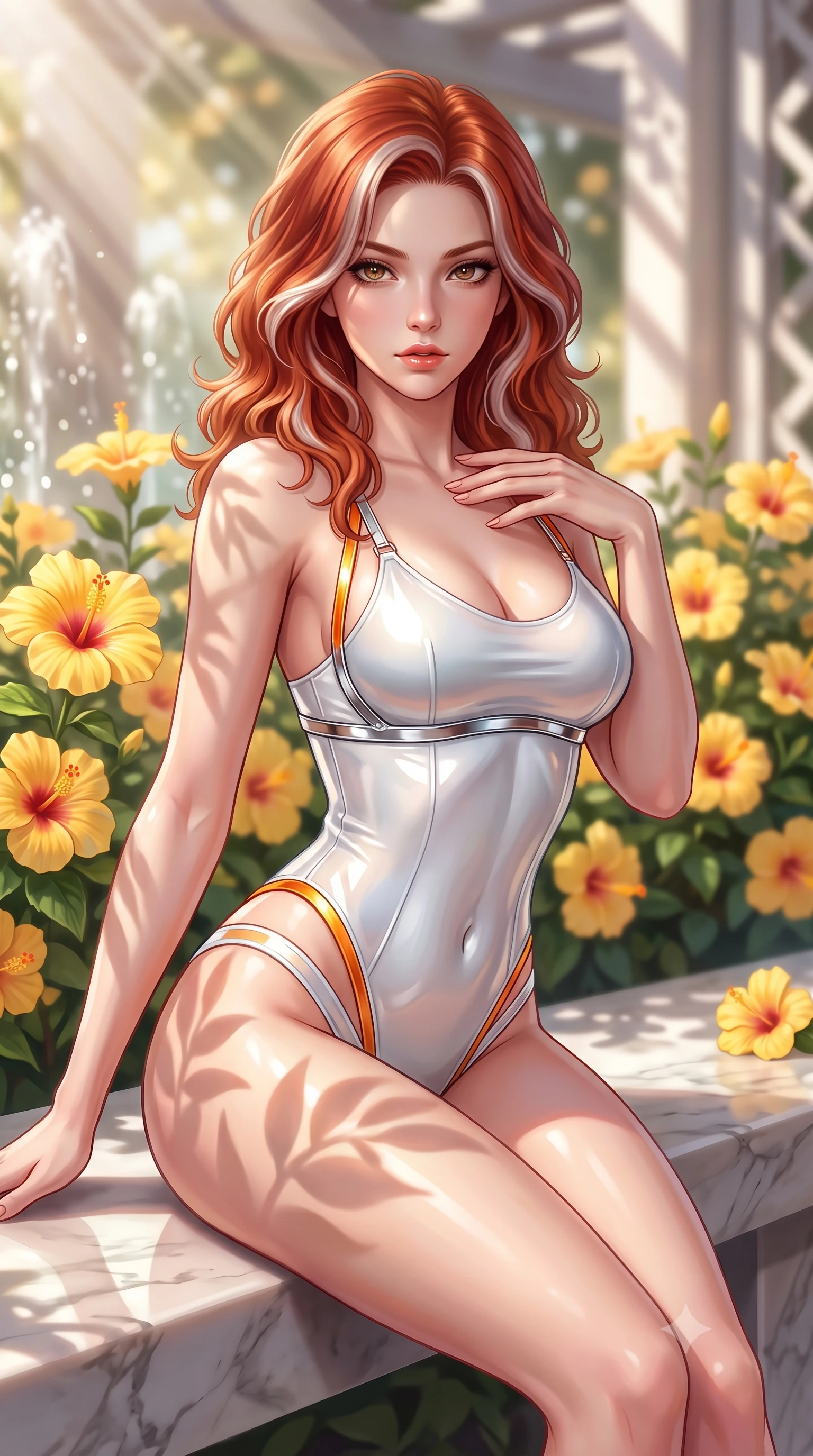 score_9, masterpiece, best quality, ultra-detailed, high-budget anime keyframe, semi-realistic 3D game render, editorial fashion photography, tasteful artistic composition, Caucasian woman. close-up cowboy shot from the waist and thighs up, the character dominates the composition, filling the frame with her large presence. leaning forward with a dangerous, enticing smolder, resting one hand near her collarbone while casting a fiery, magnetic direct gaze while reclining along a polished marble bench surrounded by blooming yellow hibiscus with an alluring smoldering gaze. The composition keeps background elements in soft focus with creamy bokeh. streaming sunbeams and fountain water droplets softened in a dreamy, warm depth of field. She has an exceptionally elegant, slender, and willowy female figure with an ultra-slim waist, a gracefully sculpted slender torso, toned flat midriff, and a refined slim silhouette. sharp v-shaped jawline, high-bridge nose, intricate jewel-like eyes with depth, thick eyelashes, glossy lips with a natural sheen, flawlessly proportioned anatomical accuracy, strict slender model proportions, natural body alignment, perfectly sculpted long slender limbs, ultra-slim waistline, clean dynamic posture without body distortion. wearing a second-skin white liquid-mercury micro-bodysuit sculpted tightly to her slender build, featuring razor-thin metallic straps and hip cutouts in vivid sunset amber orange and cloud white, crafted from ultra-reflective second-skin latex with a high-gloss glass-like polish, reinforced by a sleek metallic chrome harness and delicate glowing micro-straps, the liquid-tight tailored fabric emphasizing every curve of her tall, slender model proportions and sculptured silhouette during dynamic movement. illuminated by fresh botanical ambient radiance with organic leaf-shadow stencils on her skin. highly saturated vibrant anime colors, detailed shading with soft gradients, rich glossy textures, high-contrast stereoscopic depth, volumetric dynamic lighting, master piece, 9:16 ratio