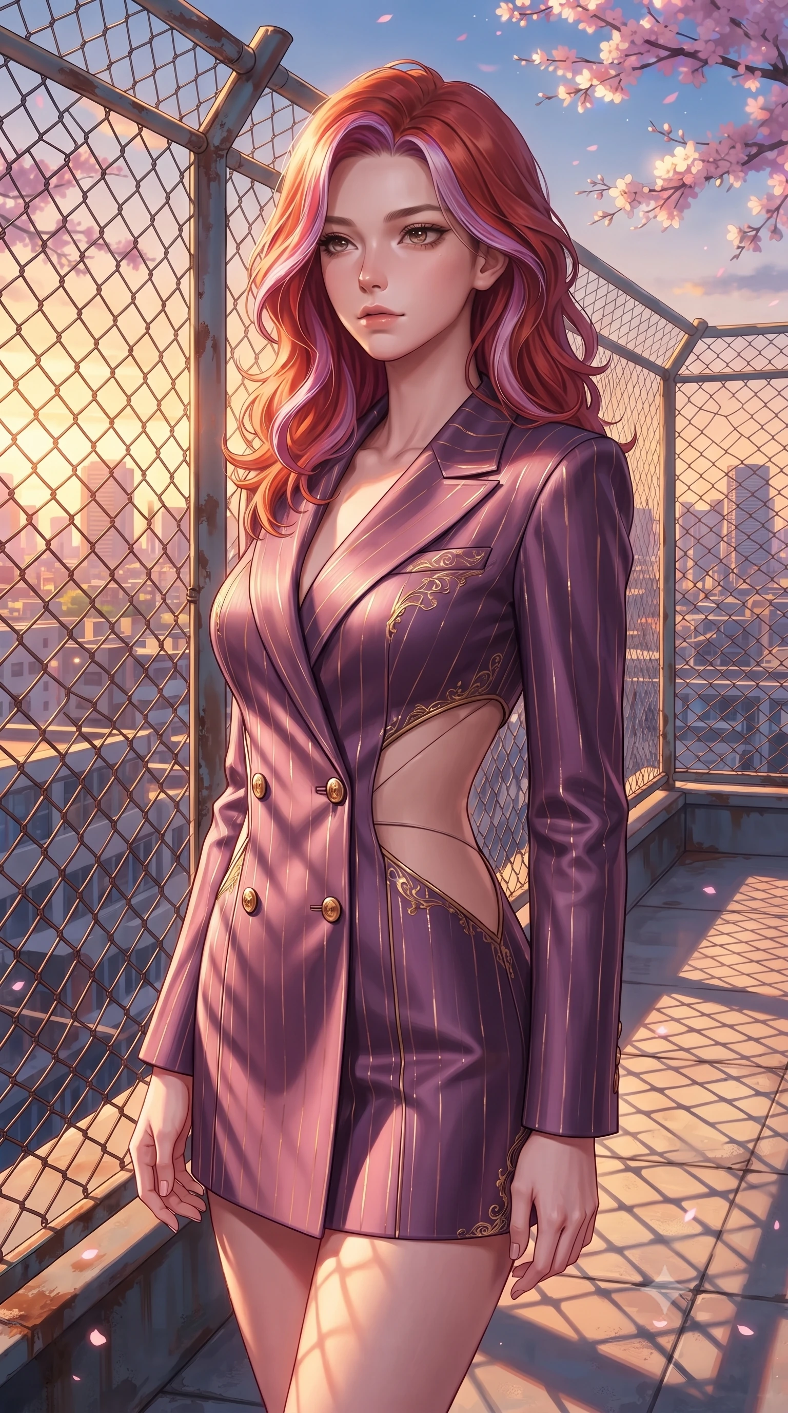 score_9, masterpiece, best quality, ultra-detailed, high-budget anime keyframe, editorial fashion photography, tasteful artistic composition, Caucasian woman. close-up cowboy shot from the waist and thighs up, the character dominates the composition, filling the frame with her large presence, background elements kept in soft focus. Gazing past the camera with an air of effortless elegance and mysterious confidence standing by the metal fence of a high school rooftop overlooking a sunset city skyline, golden hour sunbeams casting dramatic fence grid shadows on the roof deck. She has an exceptionally elegant, slender, and willowy female figure with an ultra-slim waist, a gracefully sculpted slender torso, and a refined silhouette. sharp v-shaped jawline, high-bridge nose, intricate jewel-like eyes with depth, thick eyelashes, glossy lips with a natural sheen. wearing a double-breasted blazer dress with metallic pin-stripes in plum purple and gold filigree, crafted from smooth liquid silk, featuring clean architectural cutouts along her slender torso, the tailored fabric tightly following every curve of her athletic build. illuminated by soft glowing evening sunbeams filtering through sakura branches. highly saturated vibrant anime colors, detailed shading with soft gradients, rich glossy textures, high-contrast stereoscopic depth, volumetric dynamic lighting, master piece, 9:16 ratio