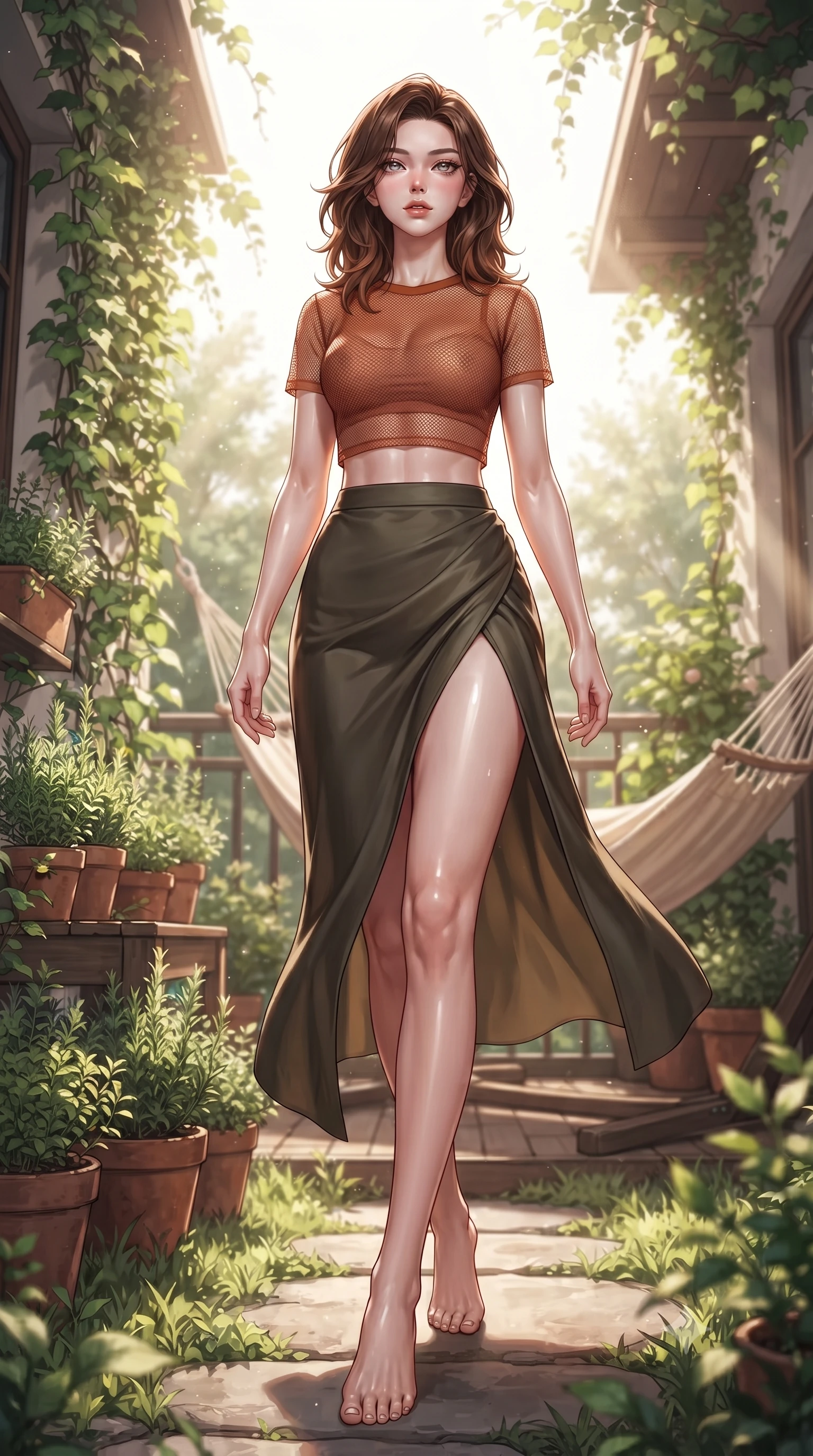 score_9, masterpiece, best quality, ultra-detailed, high-budget anime keyframe, editorial fashion photography, tasteful artistic composition, Korean woman woman. low angle full-body shot from head to toe showing her feet, filling the entire 9:16 vertical frame with her statuesque presence, stretching her vertical silhouette. stepping gracefully across a stone path in the garden the background shows a soft-focus a cozy hammock on a green balcony terrace filled with potted herbs and climbing ivy. She has an absolutely perfect, statuesque 8.5-heads proportion, an exceptionally tall and slender model-like female figure with impossibly long slender legs and an ultra-slim waist. sharp v-shaped jawline, high-bridge nose, intricate jewel-like eyes with depth, thick eyelashes, glossy lips with a natural sheen. wearing a slim-fit semi-transparent mesh crop top in rust orange, paired with a high-slit skirt. bright morning sunbeams creating a fresh, relaxing atmosphere. ultra-reflective glossy finish, specular highlights, metallic sheen, high-contrast stereoscopic depth, volumetric dynamic lighting, 2k, ultra detail, master piece, 9:16 ratio