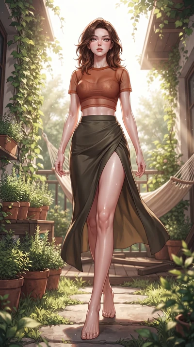 score_9, masterpiece, best quality, ultra-detailed, high-budget anime keyframe, editorial fashion photography, tasteful artistic composition, Korean woman woman. low angle full-body shot from head to toe showing her feet, filling the entire 9:16 vert