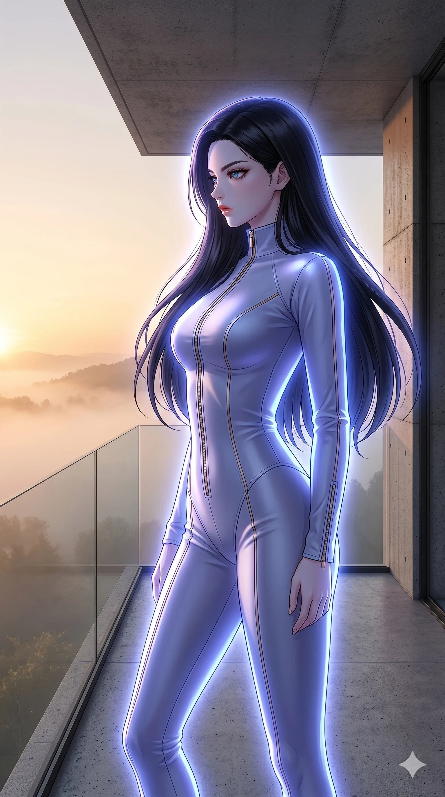 score_9, masterpiece, best quality, ultra-detailed, high-budget anime keyframe, editorial fashion photography, tasteful artistic composition, Korean woman. cowboy shot from the thighs up, character and outfit filling the frame for maximum editorial presence. standing proud and tall, her face turned in sharp profile, casting a cold and mysterious side gaze on a minimalist concrete balcony overlooking a fog-shrouded valley at sunrise (Code-P17-016). She has an absolutely perfect 8-heads proportion, an exceptionally tall and slender female figure with impossibly long slender legs and an ultra-slim waist. V-shaped jawline, high-bridge nose, intricate jewel-like eyes with depth, thick eyelashes, glossy lips with a natural sheen. wearing a sleek high-neck flight suit with long sleeves and gold zipper details. cool, ethereal blue-violet bioluminescent glow from all sides, outlining her tall slender figure. 2k, ultra detail, master piece, 9:16 ratio