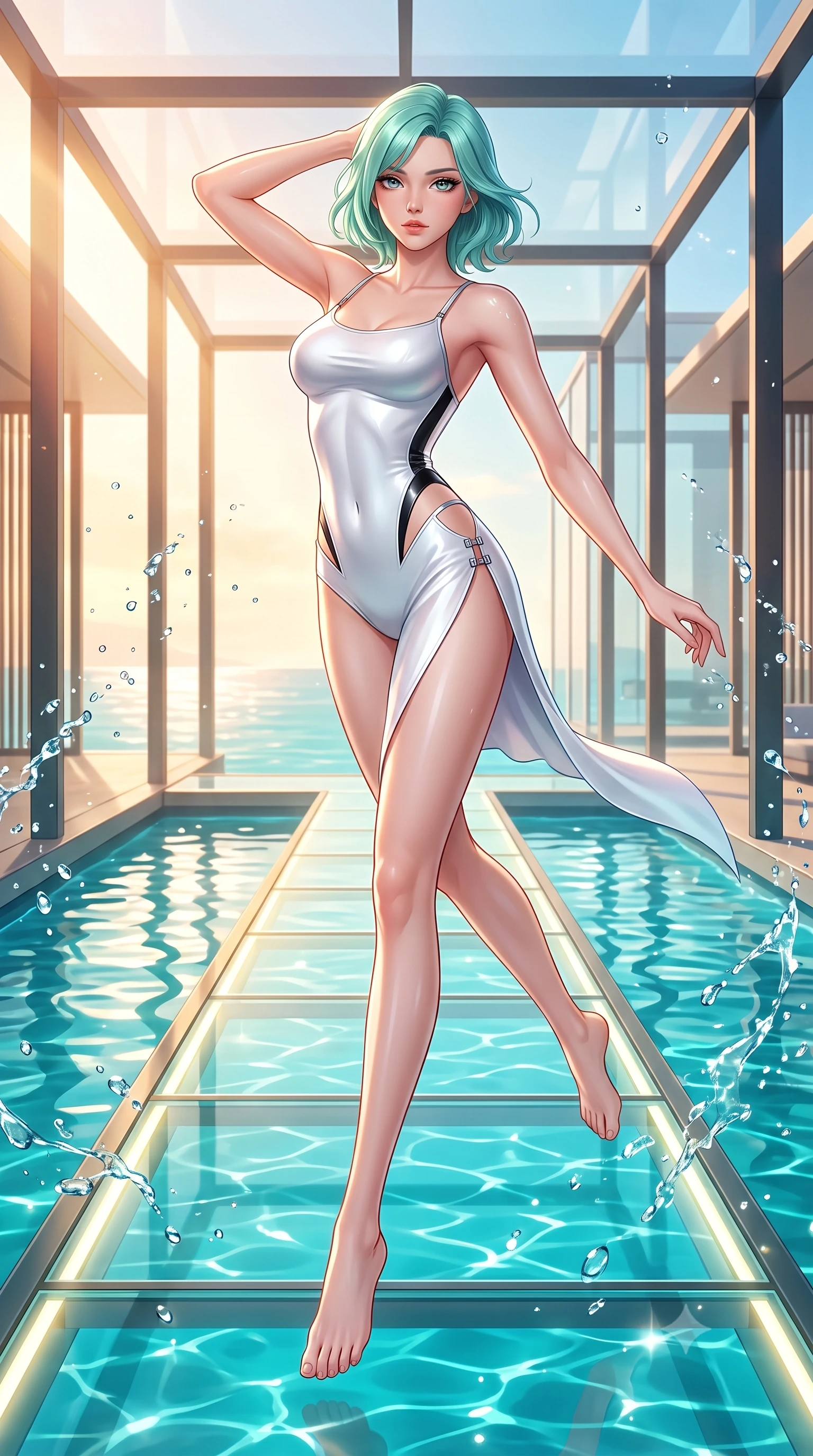 score_9, masterpiece, best quality, ultra-detailed, high-budget anime keyframe, semi-realistic 3D game render, editorial fashion photography, tasteful artistic composition, Japanese woman. low angle full-body shot from head to toe showing her feet, filling the entire 9:16 vertical frame with her statuesque presence, stretching her vertical silhouette. leaping through mid-air with an athletic yet alluring arch of her spine, her impossibly long slender legs stretched in flawless poise while stepping along a glowing glass runway elevated above a shimmering turquoise waterway in a modern pavilion. The surrounding environment is rendered in vivid detail and crisp panoramic clarity. sharp water droplet splashes, architectural framing lines, and sunlit water reflections in high clarity. She has an absolutely perfect, statuesque 8.5-heads proportion, an exceptionally tall and slender model-like female figure with impossibly long slender legs, a toned flat midriff, and an ultra-slim waist. sharp v-shaped jawline, high-bridge nose, intricate jewel-like eyes with depth, thick eyelashes, glossy lips with a natural sheen, flawlessly proportioned anatomical accuracy, strict slender model proportions, natural body alignment, perfectly sculpted long slender limbs, ultra-slim waistline, clean dynamic posture without body distortion. wearing a second-skin white liquid-mercury micro-bodysuit sculpted tightly to her slender build, featuring razor-thin metallic straps and hip cutouts in high-gloss monochrome white and sharp black contrast, made of smooth iridescent silk chiffon that shifts colors with movement, finished with an ultra-high side slit secured by miniature magnetic clasps, the form-contouring material adhering flawlessly to her sculpted flat midriff and slender torso, emphasizing her long leg lines and perfectly proportioned willowy build. bathed in warm champagne-gold sunbursts and sparkling aquatic water refractions. highly saturated vibrant anime colors, detailed shading with soft gradients, rich glossy textures, high-contrast stereoscopic depth, volumetric dynamic lighting, master piece, 9:16 ratio