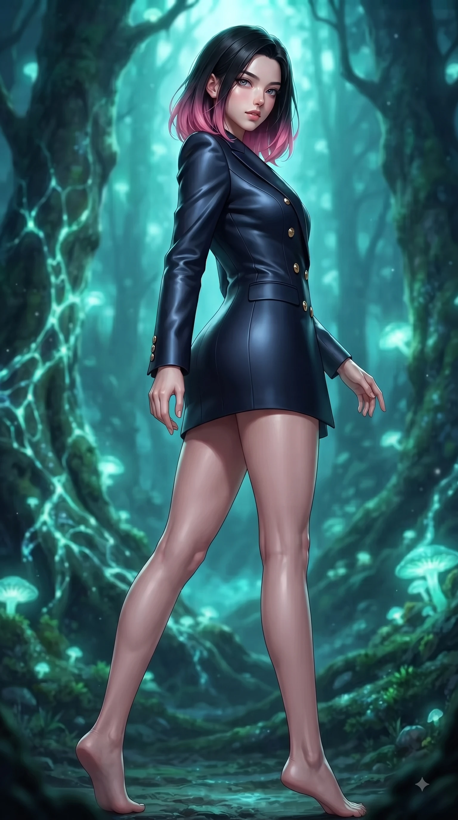 score_9, masterpiece, best quality, ultra-detailed, high-budget anime keyframe, editorial fashion photography, tasteful artistic composition, Korean woman woman. low angle full-body shot from head to toe showing her feet, filling the entire 9:16 vertical frame with her statuesque presence, stretching her vertical silhouette. She has an absolutely perfect, statuesque 8.5-heads proportion, an exceptionally tall and slender model-like female figure with impossibly long slender legs and an ultra-slim waist. turning fluidly while glancing back over her shoulder with magnetic intensity and statuesque grace, flawlessly proportioned anatomical accuracy, natural body alignment, perfectly sculpted elegant limbs, clean dynamic posture without body distortion. set against a soft-focus background of an ancient rainforest with pulsing opal fungal mycelium networks. wearing a sophisticated navy double-breasted blazer dress with gold button accents. bathed in cool emerald and cyan bioluminescent organic glow wrapping her silhouette. ultra-reflective glossy finish, specular highlights, metallic sheen, high-contrast stereoscopic depth, volumetric dynamic lighting, 2k, ultra detail, master piece, 9:16 ratio