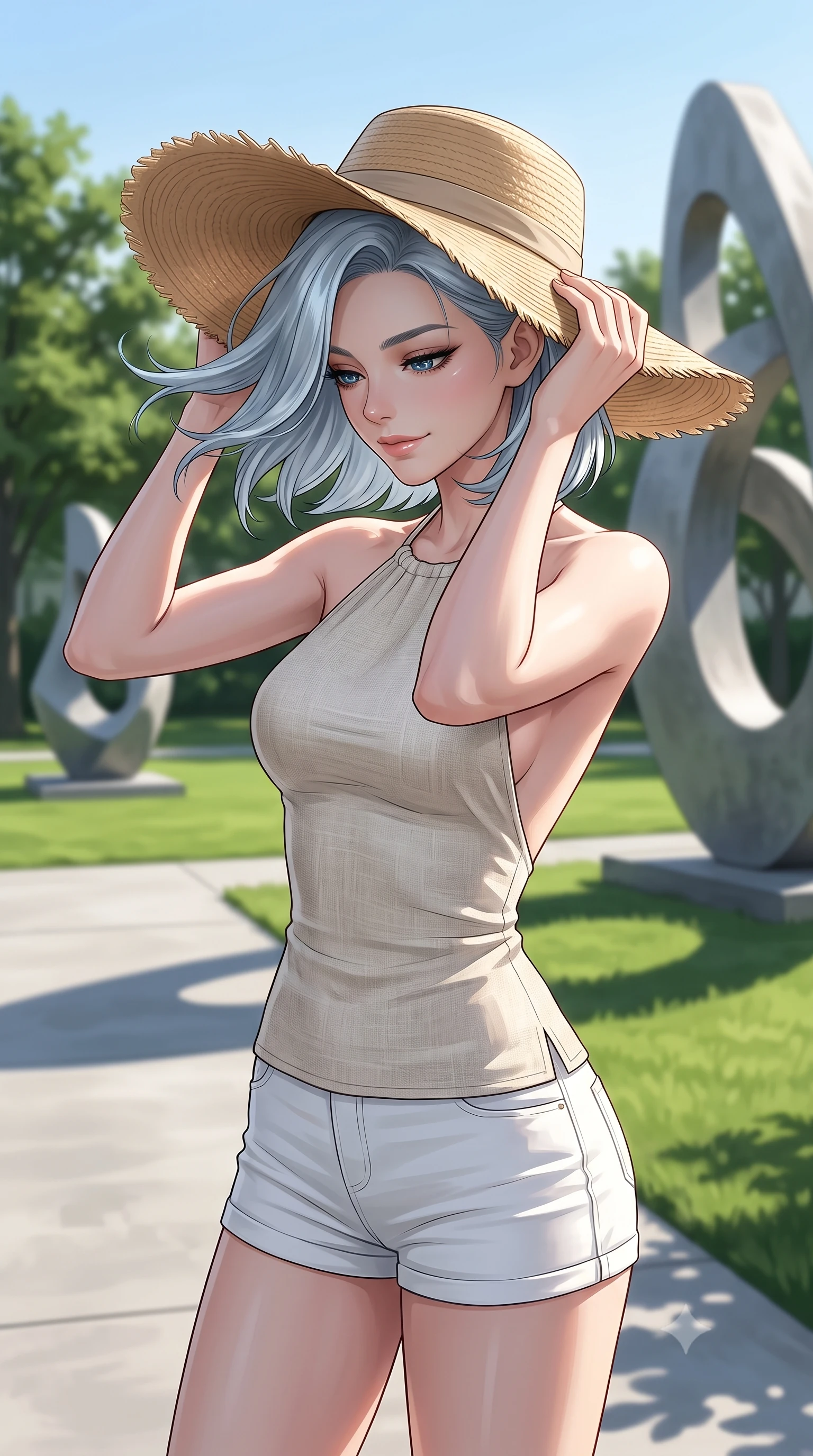 score_9, masterpiece, best quality, ultra-detailed, high-budget anime keyframe, editorial fashion photography, tasteful artistic composition, Korean woman woman. close-up cowboy shot from the waist and thighs up, the character dominates the composition, filling the frame with her large presence, background elements kept in soft focus. holding a wide-brimmed straw hat with both hands against the breeze, looking down with a soft smile the background shows a soft-focus a grassy lawn in a modern sculpture park, with clean concrete paths and green trees. She has an exceptionally elegant, slender, and willowy female figure with an ultra-slim waist, a gracefully sculpted slender torso, and a refined silhouette. sharp v-shaped jawline, high-bridge nose, intricate jewel-like eyes with depth, thick eyelashes, glossy lips with a natural sheen. wearing a body-hugging stylish linen halter top with an open-back design, paired with white micro-shorts. crisp morning sunlight casting sharp, clean shadows of the sculptures. 2k, ultra detail, master piece, 9:16 ratio