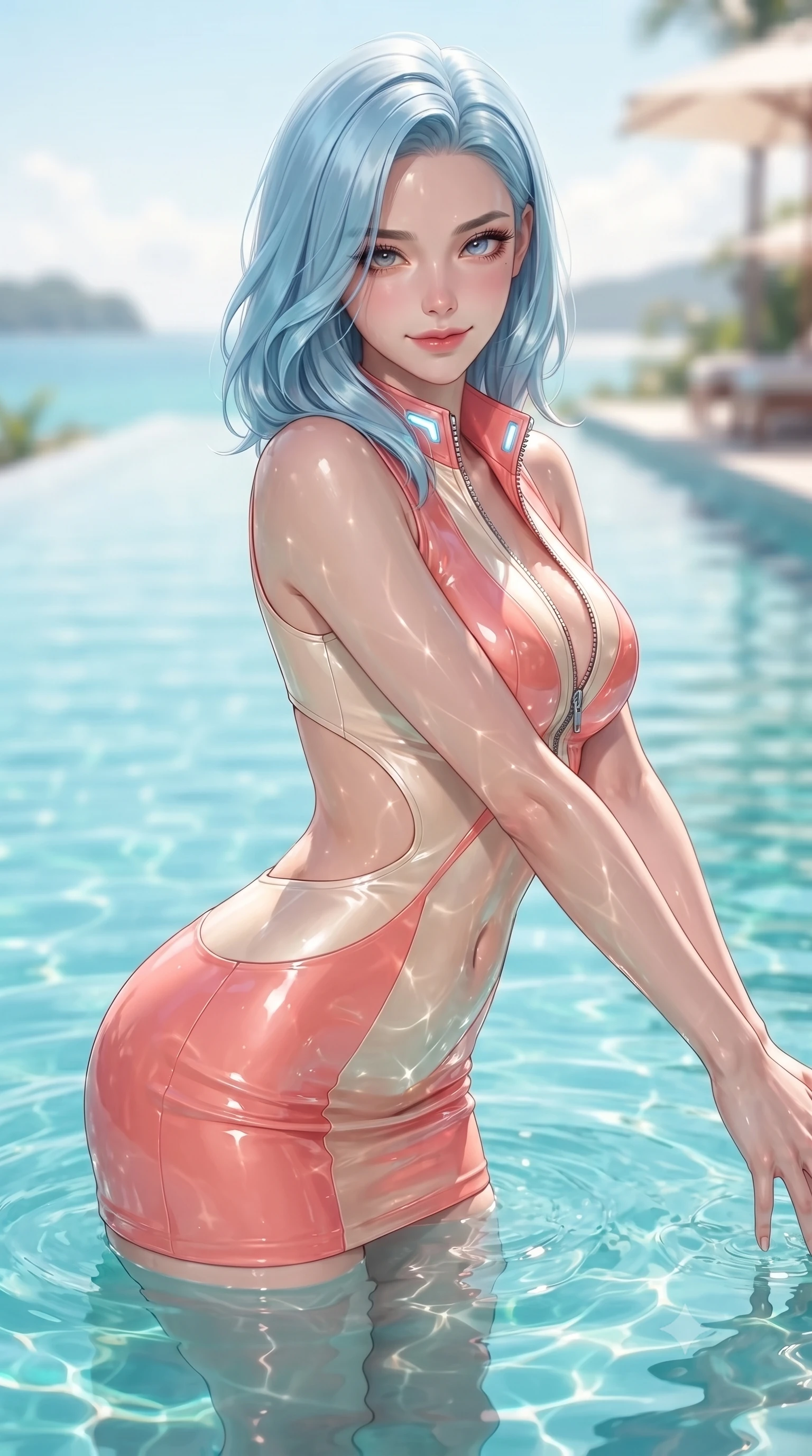 score_9, masterpiece, best quality, ultra-detailed, high-budget anime keyframe, editorial fashion photography, tasteful artistic composition, Korean woman. close-up cowboy shot from the waist and thighs up, the character dominates the composition, filling the frame with her large presence. stretching forward with an alluring arch of her spine, glancing over her shoulder with thick eyelashes and a smoldering half-smile while standing waist-deep in crystal-clear turquoise pool water as radiant midday sunbeams cast dancing caustic reflections across her torso. The composition keeps background elements in soft focus with creamy bokeh. sunlit infinity pool ripples and distant island horizons softened in luminous shallow depth of field. She has an exceptionally elegant, slender, and willowy female figure with an ultra-slim waist, a gracefully sculpted slender torso, toned flat midriff, and a refined slim silhouette. sharp v-shaped jawline, high-bridge nose, intricate jewel-like eyes with depth, thick eyelashes, glossy lips with a natural sheen, flawlessly proportioned anatomical accuracy, strict slender model proportions, natural body alignment, perfectly sculpted long slender limbs, ultra-slim waistline, clean dynamic posture without body distortion. wearing a second-skin fashion-latex mini dress with a clean architectural front, featuring an open-back design that wraps around the sides of her waist, showcasing her slender silhouette in radiant coral pink and champagne ivory, formed from high-gloss patent material with specular light reflections, featuring a dangerously unzipped neckline framed by glowing cybernetic accents, the precision-cut daring openings accentuating her delicate midriff, graceful bare collarbones, and ultra-slim feminine waistline. surrounded by a bright, luxurious, and intensely alluring sun-drenched resort atmosphere. ultra-reflective glossy finish, specular highlights, metallic sheen, high-contrast stereoscopic depth, volumetric dynamic lighting, 2k, ultra detail, master piece, 9:16 ratio