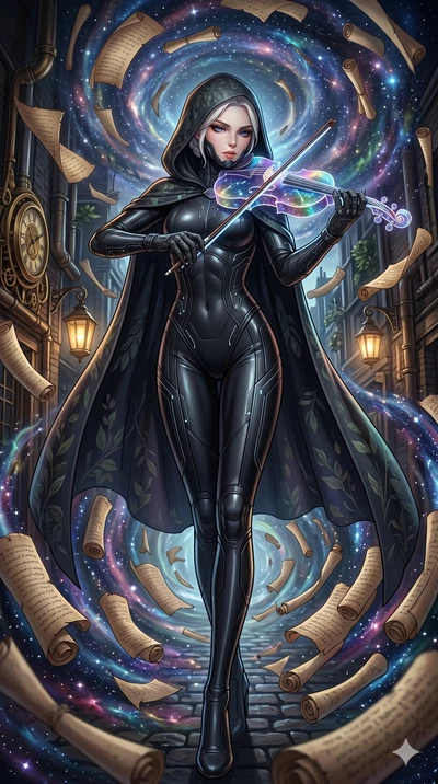 score_9, masterpiece, best quality, ultra-detailed, Set A: High-budget Anime Keyframe, Japanese woman. Low angle cowboy shot filling the entire 9:16 frame with her statuesque presence. Theme: Primal Nature. playing a holographic violin in a steampunk