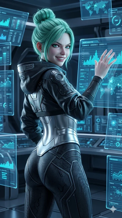 score_9, masterpiece, best quality, ultra-detailed, high-budget anime keyframe, semi-realistic 3D game render, Japanese woman. Upper body close-up from the thighs up, character filling the screen for maximum presence. Standing in a room of floating g