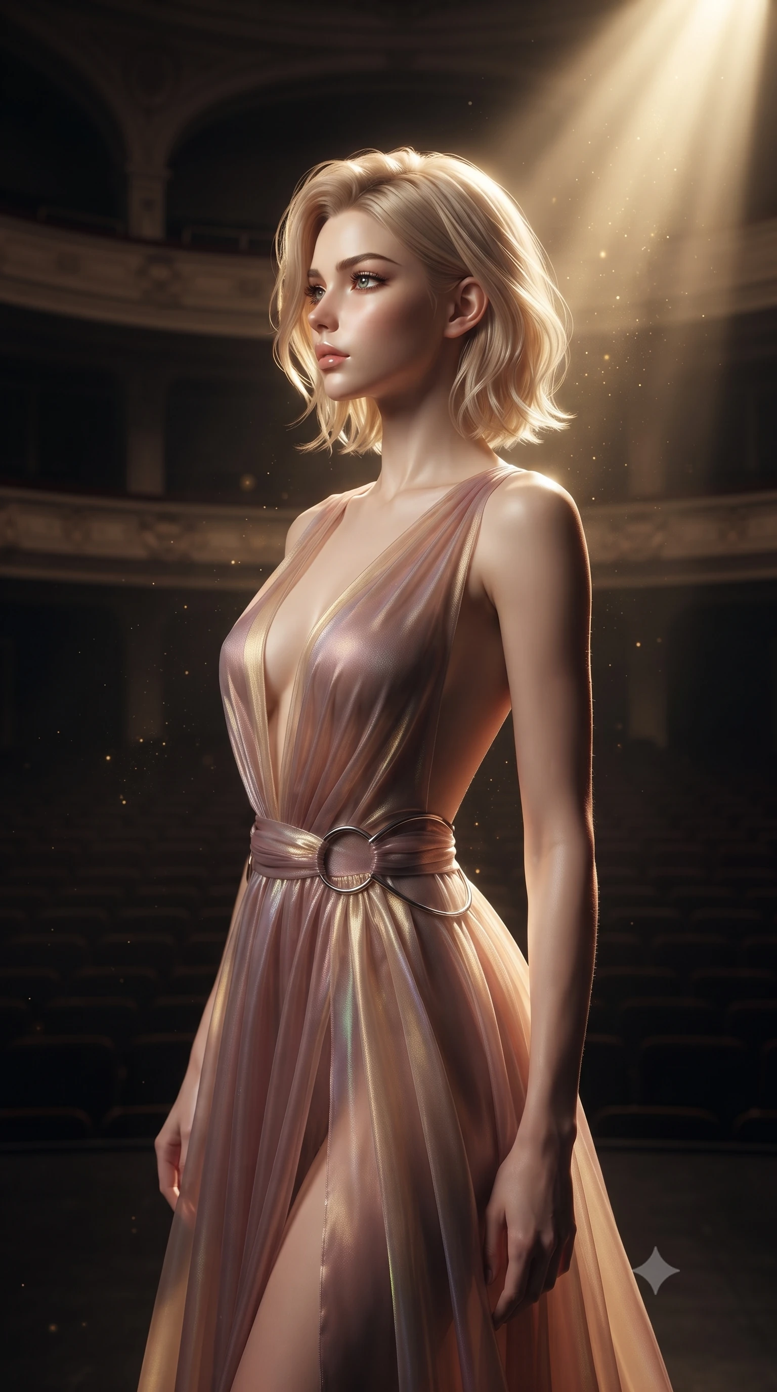 score_9, masterpiece, best quality, ultra-detailed, high-budget anime keyframe, editorial fashion photography, tasteful artistic composition, Caucasian woman. close-up cowboy shot from the waist and thighs up, the character dominates the composition, filling the frame with her large presence, background elements kept in soft focus. Turning her face in sharp dramatic profile against the bright light, showcasing her sharp v-shaped jawline poised before a vast empty auditorium illuminated by a single dramatic spotlight, golden dust particles dancing gracefully in the beam of key light. She has an exceptionally elegant, slender, and willowy female figure with an ultra-slim waist, a gracefully sculpted slender torso, and a refined silhouette. sharp v-shaped jawline, high-bridge nose, intricate jewel-like eyes with depth, thick eyelashes, glossy lips with a natural sheen. wearing a translucent iridescent chiffon gown with a plunging neckline and open back in dusty rose and champagne gold, crafted from smooth liquid silk, accented with delicate chrome ring hardware framing her waist, the sleek second-skin texture accentuating her magnetic presence. bathed in a single dramatic golden spotlight with rich chiaroscuro shadows. ultra-reflective glossy finish, specular highlights, metallic sheen, high-contrast stereoscopic depth, volumetric dynamic lighting, 2k, ultra detail, master piece, 9:16 ratio