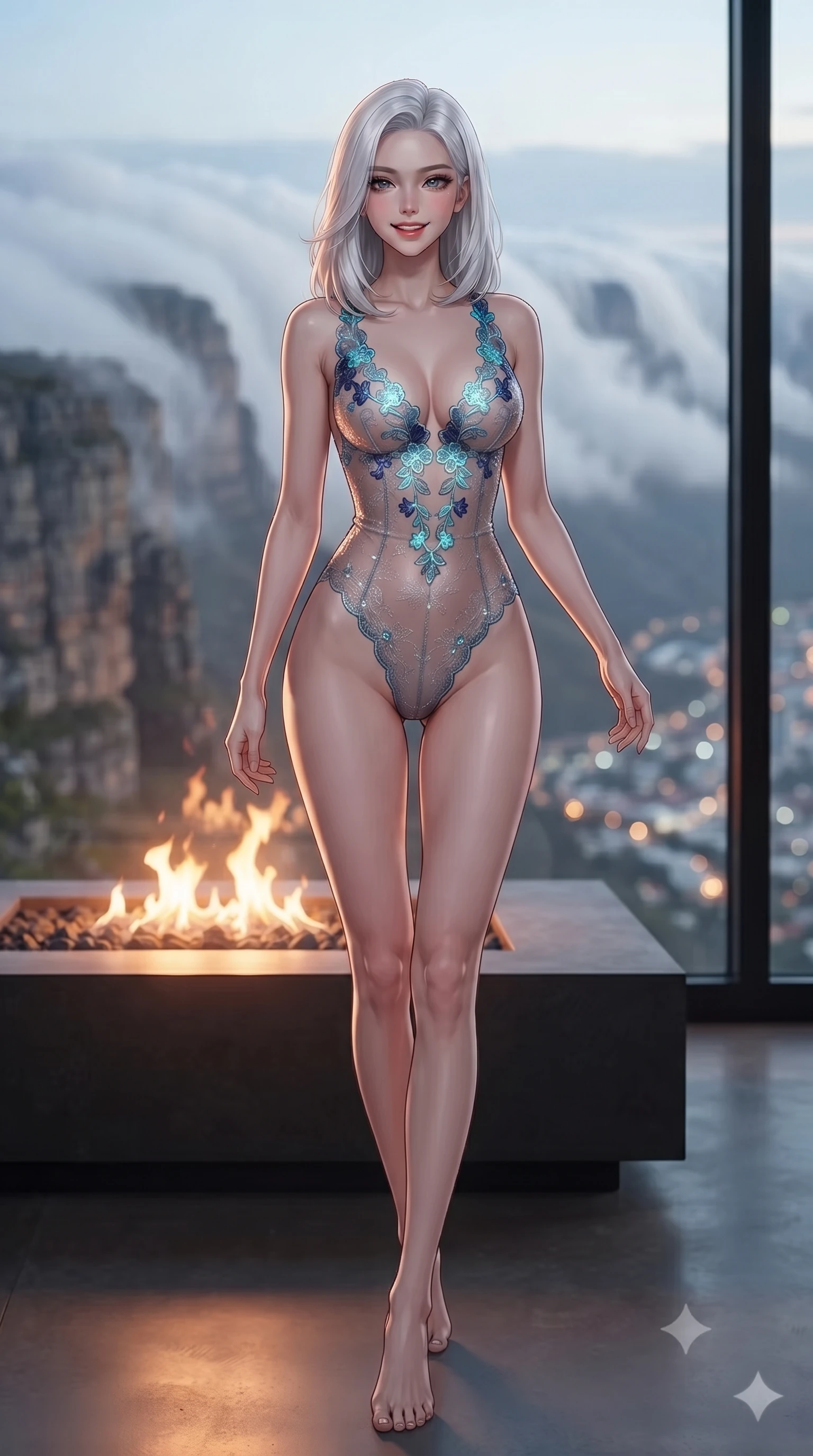 score_9, masterpiece, best quality, ultra-detailed, high-budget anime keyframe, editorial fashion photography, tasteful artistic composition, Korean woman. low angle full-body shot from head to toe showing her feet, filling the entire 9:16 vertical frame with her statuesque presence, stretching her vertical silhouette. stepping slowly toward the camera with hypnotic grace, hips swaying in an alluring sensual rhythm that accentuates her curvy hourglass silhouette and long slender legs while twisting her slender torso in an alluring contrapposto stance beside the interior fire pit, glowing flames tracing her flat midriff and hips. The background shows a soft-focus billowing white cloud mist cascading over vertical sandstone cliffs, distant city light grid of Cape Town, blurred into silver, amber, and sapphire bokeh. She has an exceptionally tall and slender model-like 8.5-heads proportion, an ultra-slim waist, a flat toned midriff, narrow delicate ribcage, and beautifully sculpted feminine hips creating a graceful, slim hourglass silhouette without any bulky heaviness, with impossibly long slender legs. sharp v-shaped jawline, high-bridge nose, intricate jewel-like sparkling eyes with depth, thick eyelashes, glossy parted lips with a natural peach sheen, bright cheerful beaming smile with an enchanting and coquettish sensual glint, exuding both youthful cute charm and seductive allure, flawlessly proportioned anatomical accuracy, strict slender model proportions, natural body alignment, perfectly sculpted long slender limbs, ultra-slim waistline, clean dynamic posture without body distortion. wearing an alluring backless sheer lace leotard with high-cut leg openings and delicate floral embroidery framing her spine in Maldivian bioluminescent electric cyan and midnight indigo, woven from stretch metallic lurex jersey casting radiant starlight glints across her curves, finished with scalloped eyelash lace trim framing her sweetheart neckline with intimate elegance, the liquid-tight tailored fabric clinging flawlessly to her narrow waist and rounded feminine hips, emphasizing every millimeter of her sculpted slim hourglass curves without any bulky heaviness. bathed in warm 2300K indoor hearth firelight contrasted with cool 6000K midnight cloud mist and starlight through glass. ultra-reflective glossy finish, specular highlights, rich textural contrasts, high-contrast stereoscopic depth, volumetric dynamic lighting, 2k, ultra detail, master piece, 9:16 ratio