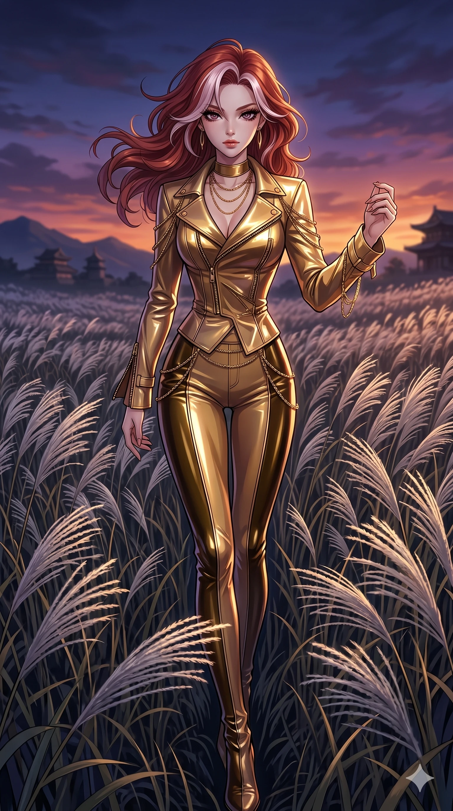 score_9, masterpiece, best quality, ultra-detailed, High-budget Anime Keyframe, East Asian woman. Dynamic full-body shot stretching the vertical silhouette to the limit. Scenario 38: Walking through a field of tall silver grass at twilight. Her presence is magnetic and overpowering in this high-budget anime scene. Outfit 38: A patent leather gold with a unzipped detail and fine gold chains. The clothing is designed to emphasize her exceptionally tall and slender 8-heads proportion. 8-heads proportion, towering silhouette, ultra-slim waist. sharp v-shaped jawline, intricate jewel-like eyes with depth, thick eyelashes, glossy lips. 2k, ultra detail, master piece, 9:16 ratio