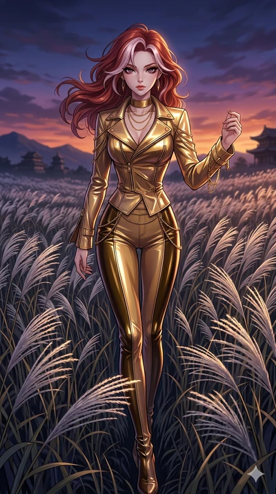 score_9, masterpiece, best quality, ultra-detailed, High-budget Anime Keyframe, East Asian woman. Dynamic full-body shot stretching the vertical silhouette to the limit. Scenario 38: Walking through a field of tall silver grass at twilight. Her prese