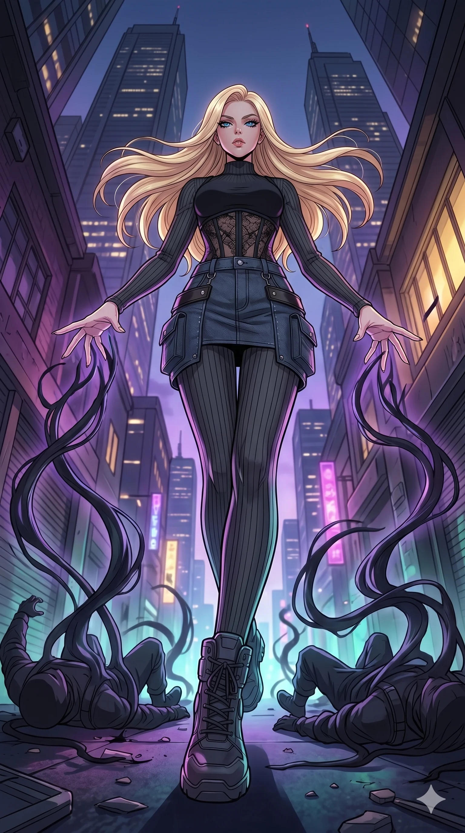 score_9, masterpiece, best quality, ultra-detailed, high-budget anime movie keyframe, cinematic anime lighting, intricate line art, Korean woman. Extreme high angle shot as she leaps towards the camera, filling the frame. manipulating the shadows of her enemies to turn against them. She has an absolutely perfect 8-heads proportion, an exceptionally tall and slender female figure with an ultra-slim waist and impossibly long slender legs. strictly human anatomy, two legs only, no extra limbs, clearly defined legs and arms, perfect anatomy, perfect hands and fingers. sharp v-shaped jawline, high-bridge nose, intricate jewel-like eyes, thick eyelashes, glossy lips. Wearing Urban Trendsetter: Ribbed bodycon dress, crop top with high-waist denim, and sheer corset with cargo pants. The scene is illuminated by dramatic atmospheric lighting and vibrant color palettes. , 2k, ultra detail, master piece, 9:16 ratio