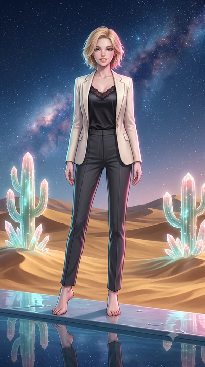 score_9, masterpiece, best quality, ultra-detailed, high-budget anime keyframe, editorial fashion photography, tasteful artistic composition, Caucasian woman, strictly human ears. low angle full-body shot from head to toe showing her feet, filling th