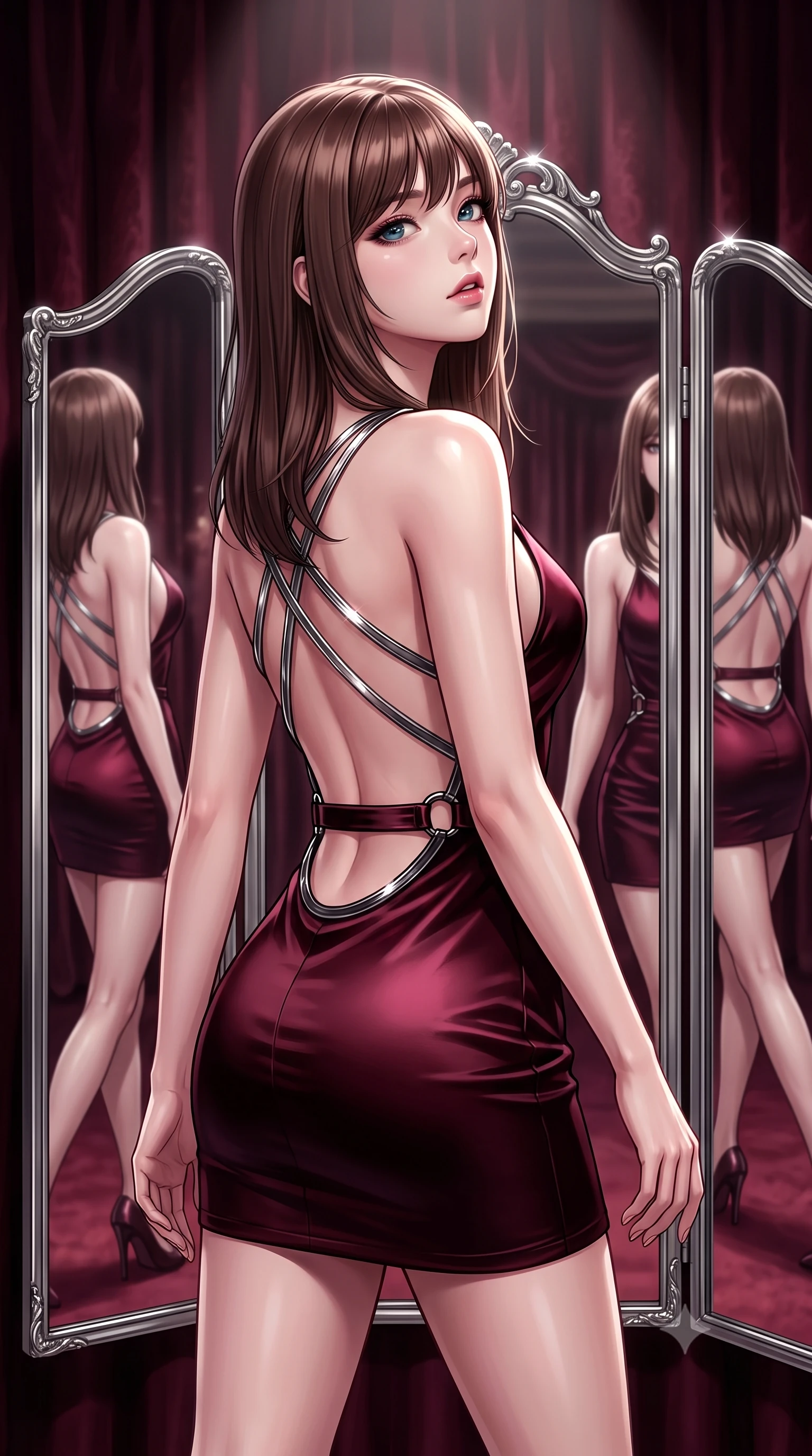 score_9, masterpiece, best quality, ultra-detailed, high-budget anime keyframe, editorial fashion photography, tasteful artistic composition, Korean woman. close-up cowboy shot from the waist and thighs up, the character dominates the composition, filling the frame with her large presence, background elements kept in soft focus. Tilting her chin up slightly with lips parted in a composed, magnetic expression, walking along a private velvet-lined hallway connecting the runway and lounge, trifold mirror reflecting multiple angles of her slender, statuesque silhouette. She has an exceptionally elegant, slender, and willowy female figure with an ultra-slim waist, a gracefully sculpted slender torso, and a refined silhouette. sharp v-shaped jawline, high-bridge nose, intricate jewel-like eyes with depth, thick eyelashes, glossy lips with a natural sheen. wearing dramatically scooped backless dark satin mini dress with criss-cross chrome straps in deep crimson burgundy, made of soft crimson satin, trimmed with dark chrome ring hardware along the waist contours, sculpting her athletic slender build with refined precision. bathed in high-contrast studio spotlighting with crisp specular glints. highly saturated vibrant anime colors, detailed shading with soft gradients, rich glossy textures, high-contrast stereoscopic depth, volumetric dynamic lighting, master piece, 9:16 ratio