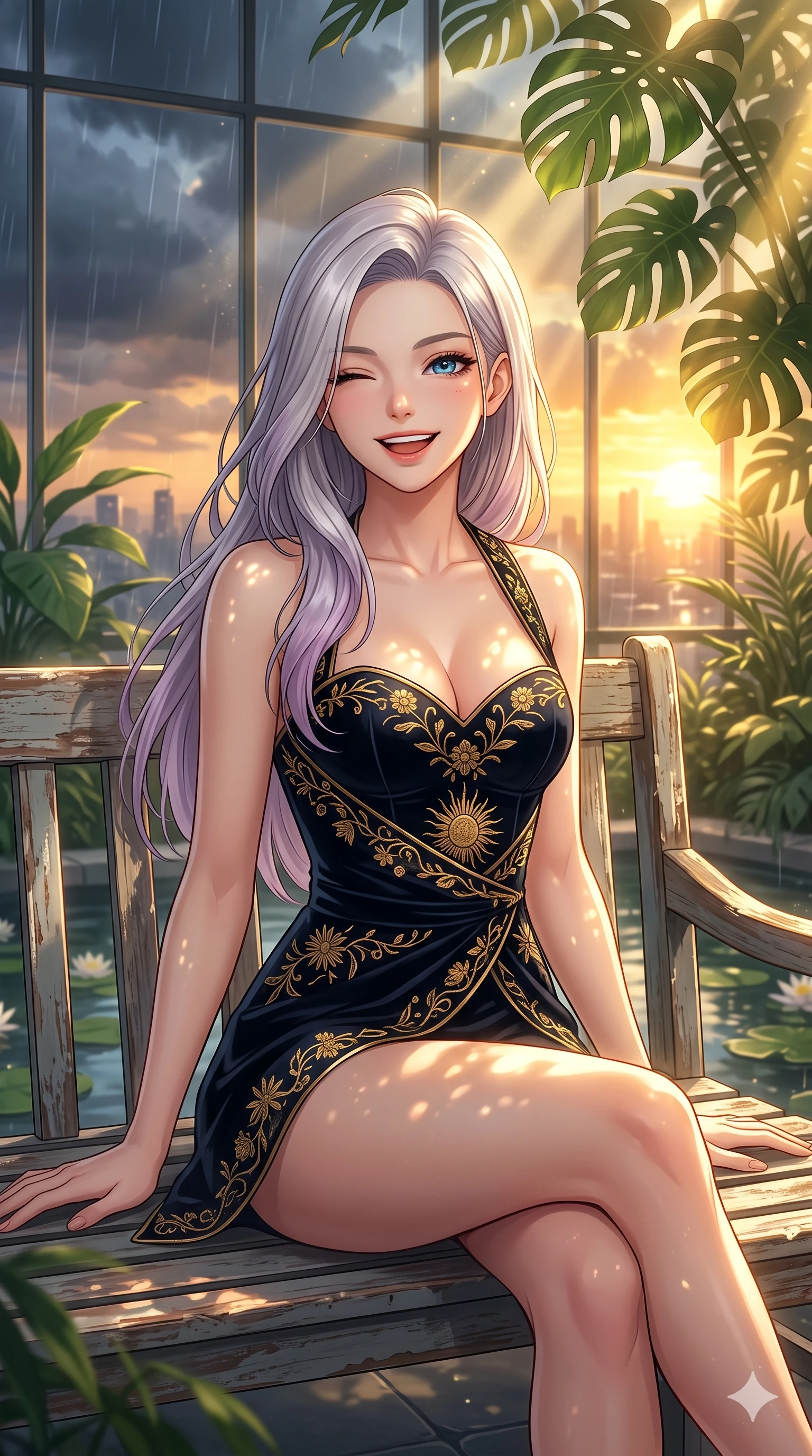 score_9, masterpiece, best quality, ultra-detailed, high-budget anime keyframe, vibrant anime aesthetic, Caucasian woman, strictly human ears. close-up cowboy shot from the waist and thighs up, the character dominates the composition, filling the frame with her large presence, background elements kept in soft focus. She is sitting on a vintage bench, winking with a playful and bright expression, her eyes shining with genuine joy with a captivating and confident presence. the background shows a soft-focus luxury penthouse conservatory with a panoramic glass wall showing rain clouds parting for a golden sunset (Code-P22-180). She has an absolutely perfect proportion, an exceptionally elegant and slender female figure with an ultra-slim waist. V-shaped jawline, high-bridge nose, intricate jewel-like eyes with depth, thick eyelashes, glossy lips with a natural sheen. wearing a structured velvet bodice with a sweetheart neckline combined with a delicate wrap in midnight black with gold embroidery. She is drenched in warm, golden afternoon sunbeams filtering through dense green monstera leaves, creating a cinematic, high-budget anime lighting effect by the quiet garden pond. 2k, ultra detail, master piece, 9:16 ratio
