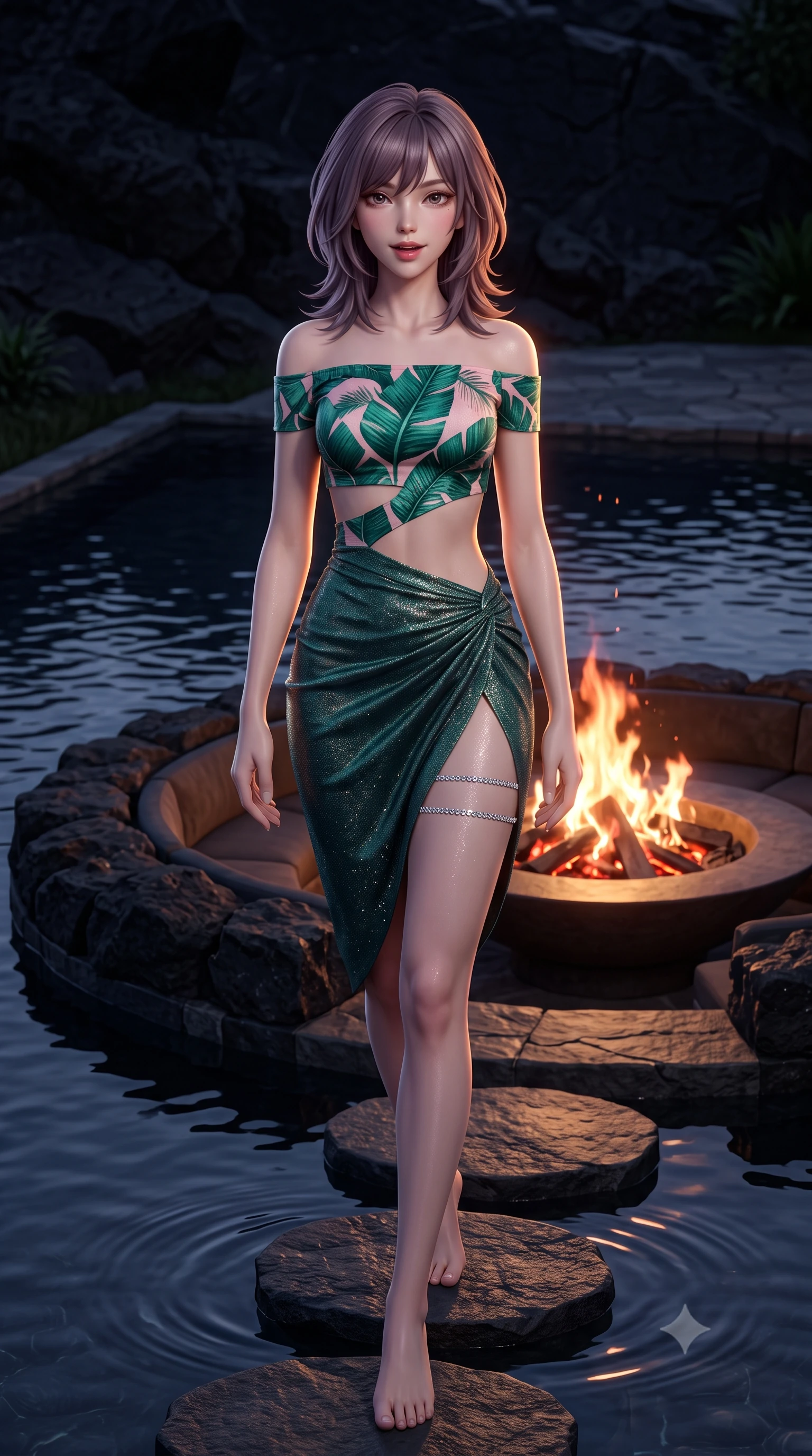 score_9, masterpiece, best quality, ultra-detailed, high-budget anime keyframe, semi-realistic 3D game render, editorial fashion photography, tasteful artistic composition, Japanese woman. low angle full-body shot from head to toe showing her feet, filling the entire 9:16 vertical frame with her statuesque presence, stretching her vertical silhouette. stepping forward in a confident stride, her long slender legs and curvaceous hips creating a dynamic, sweeping vertical line while standing poised on the submerged stepping stones beside the sunken circular fire pit lounge, arching her back with siren allure as dancing flames illuminate the water. The surrounding environment is rendered in vivid detail and crisp panoramic clarity: sharp black volcanic fire pit basalt stones, natural stone terrace textures, and clear water ripples in deep focus. She has an exceptionally tall and slender model-like 8.5-heads proportion, an ultra-slim waist, a flat toned midriff, narrow delicate ribcage, and beautifully sculpted feminine hips creating a graceful, slim hourglass silhouette without any bulky heaviness, with impossibly long slender legs. sharp v-shaped jawline, high-bridge nose, intricate jewel-like sparkling eyes with depth, thick eyelashes, glossy parted lips with a natural peach sheen, bright cheerful beaming smile with an enchanting and coquettish sensual glint, exuding both youthful cute charm and seductive allure, flawlessly proportioned anatomical accuracy, strict slender model proportions, natural body alignment, perfectly sculpted long slender limbs, ultra-slim waistline, clean dynamic posture without body distortion. wearing a provocative off-the-shoulder crop top with asymmetrical side-torso cutouts and a high-slit wrap skirt in Beverly Hills vintage banana-leaf emerald and blush pink, woven from stretch metallic lurex jersey casting radiant starlight glints across her curves, finished with delicate crystal-encrusted thigh garter straps glinting in the dim light, the impeccably tailored cut draping gracefully along her slender figure with aristocratic poise. illuminated by dark pool surface reflection bounce and sharp copper-gold rim lights defining her dewy collarbones, ultra-slim waist, and curvy hips. highly saturated vibrant anime colors, detailed shading with soft gradients, rich glossy textures, high-contrast stereoscopic depth, volumetric dynamic lighting, master piece, 9:16 ratio