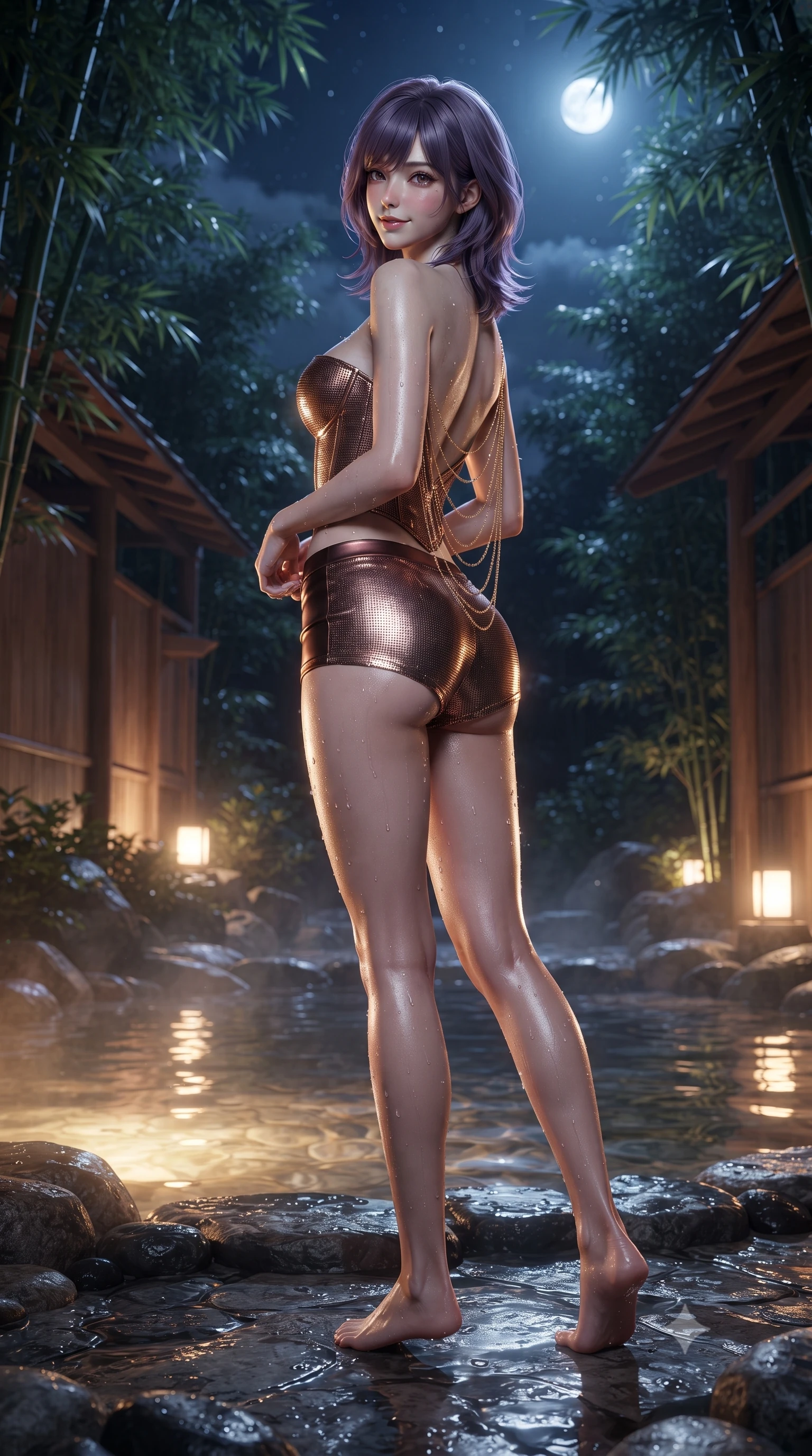 score_9, masterpiece, best quality, ultra-detailed, high-budget anime keyframe, editorial fashion photography, tasteful artistic composition, Japanese woman. low angle full-body shot from head to toe showing her feet, filling the entire 9:16 vertical frame with her statuesque presence, stretching her vertical silhouette. reclining gracefully across the plush chaise lounge with one leg extended, her sculpted silhouette and flat midriff radiating magnetic nocturnal glamour while standing poised on the wet river stone deck at the water's edge, water glistening on her legs as she glances back with a flirtatious half-smile. The surrounding environment is rendered in vivid detail and crisp panoramic clarity: sharp Hinoki wood grain, polished black river stone texture, and glistening water droplets on toned skin in deep focus. She has an absolutely perfect, statuesque 8.5-heads proportion, an exceptionally tall and slender model-like female figure with impossibly long slender legs, an ultra-slim waist, a flat toned midriff, narrow delicate ribcage, and beautifully sculpted feminine hips creating a graceful, slim hourglass silhouette without any bulky heaviness. sharp v-shaped jawline, high-bridge nose, sparkling eyes with hypnotic seductive depth, thick curled eyelashes, glossy parted lips with a natural dewy peach sheen, alluring bedroom-eyes with an enchanting coquettish smile, exuding magnetic siren charisma and sophisticated glamour, flawlessly proportioned anatomical accuracy, strict slender model proportions, natural body alignment, perfectly sculpted long slender limbs, ultra-slim waistline, clean dynamic posture without body distortion. wearing a strapless boned satin corset bodice paired with low-waisted tailored satin hot-pants in sultry espresso bronze and metallic copper, crafted from shimmering fluid chainmail mesh reflecting ambient lights, accented with an open-back drape framed by falling strands of delicate gold chains, the liquid-tight tailored fabric clinging flawlessly to her narrow waist and rounded feminine hips, emphasizing every millimeter of her sculpted slim hourglass curves without any bulky heaviness. bathed in warm underwater onsen illumination combined with celestial moonlight filtering through the bamboo canopy. ultra-reflective glossy finish, specular highlights, rich textural contrasts, high-contrast stereoscopic depth, volumetric dynamic lighting, 2k, ultra detail, master piece, 9:16 ratio