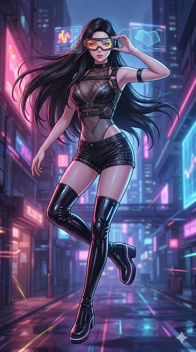 score_9, masterpiece, best quality, ultra-detailed, high-budget anime movie keyframe, cinematic anime lighting, intricate line art, Korean woman. Mid-air action shot capturing a graceful twist and vertical silhouette. adjusting her tactical goggles a