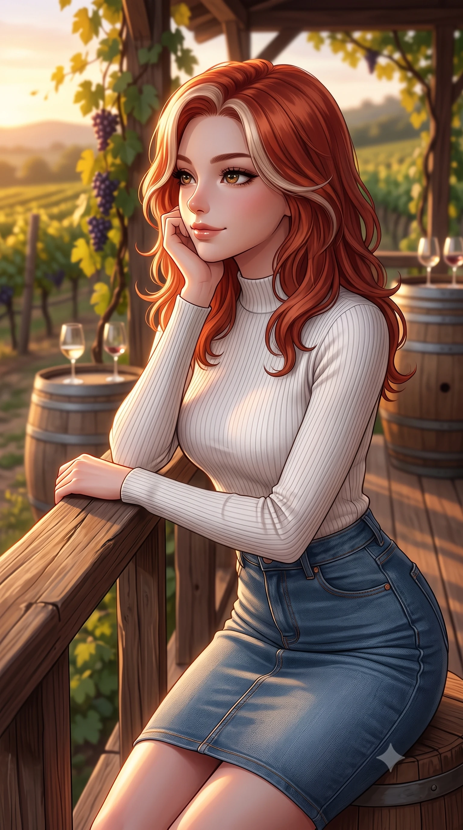 score_9, masterpiece, best quality, ultra-detailed, high-budget anime keyframe, editorial fashion photography, tasteful artistic composition, Caucasian woman woman. close-up cowboy shot from the waist and thighs up, the character dominates the composition, filling the frame with her large presence, background elements kept in soft focus. resting her chin on her hand, looking out at the beautiful scenery with a soft smile the background shows a soft-focus a wooden terrace of a vineyard winery, with wooden barrels and grapevines in soft focus. She has an exceptionally elegant, slender, and willowy female figure with an ultra-slim waist, a gracefully sculpted slender torso, and a refined silhouette. sharp v-shaped jawline, high-bridge nose, intricate jewel-like eyes with depth, thick eyelashes, glossy lips with a natural sheen. wearing a tailored form-contouring white ribbed mock-neck top paired with a tight denim pencil skirt. warm golden hour light tracing the grapevines and wine glasses in a golden rim light. 2k, ultra detail, master piece, 9:16 ratio