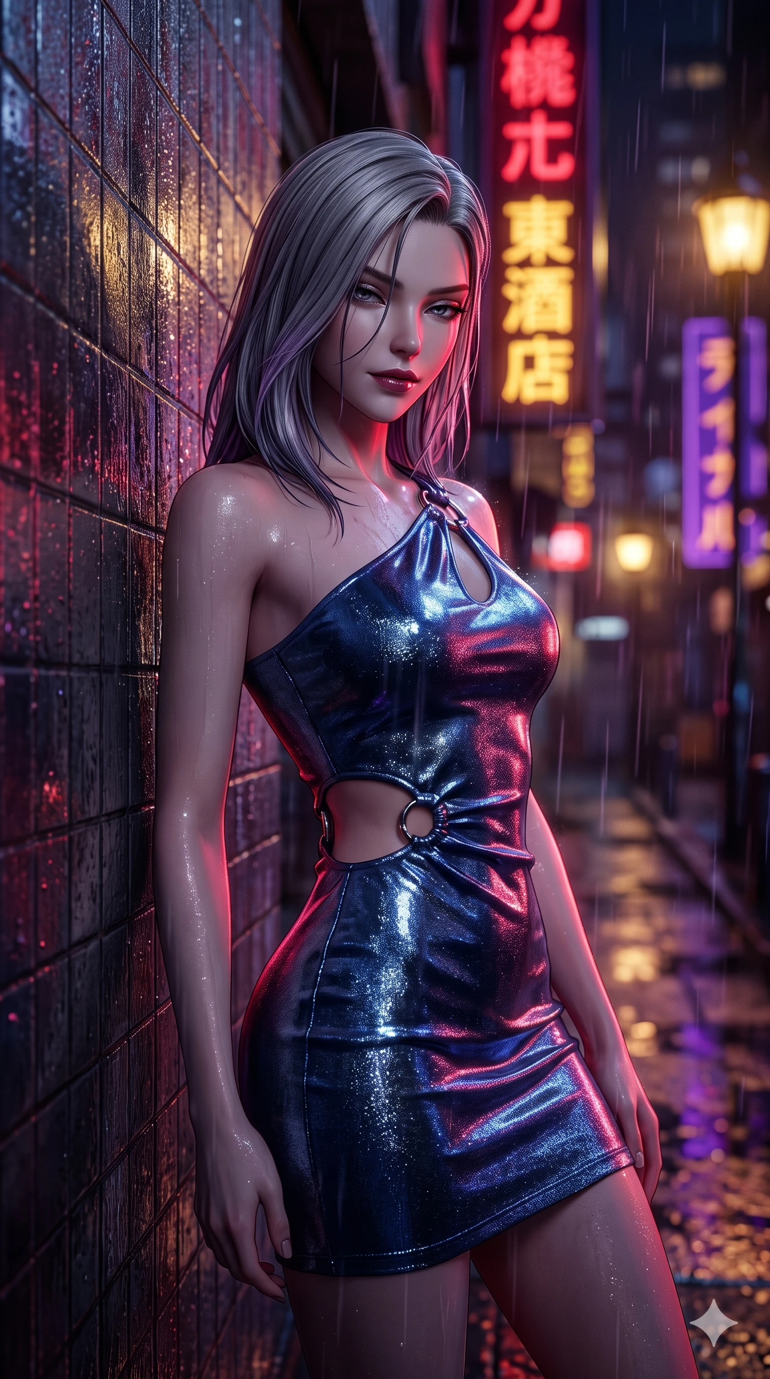 score_9, masterpiece, best quality, ultra-detailed, high-budget anime keyframe, semi-realistic 3D game render, editorial fashion photography, tasteful artistic composition, Caucasian woman. close-up cowboy shot from the waist and thighs up, the character dominates the composition, filling the frame with her large presence. glancing down over lowered lashes before meeting the camera with quiet, devastating intensity, her tailored outfit tracing her ultra-slim waist and hips while leaning back against the rain-slicked tile wall with hips cocked back, looking through dark wet strands of hair with heavy-lidded bedroom-eyes. The background shows a soft-focus vertical kanji neon signs in deep crimson, gold, and royal purple blurred into dazzling saturated reflections and dreamy rain bokeh. She has an exceptionally elegant, slender, and willowy female figure with an ultra-slim waist, flat toned midriff, narrow ribcage, and sculpted feminine hips creating an alluring, slim hourglass silhouette without bulk. sharp v-shaped jawline, high-bridge nose, intricate jewel-like dark sparkling eyes with dangerous depth, thick curled eyelashes, glossy parted lips with a rich wine sheen, smoldering seductive half-smile with bedroom-eyes, exuding effortless superiority and intoxicating dark allure, flawlessly proportioned anatomical accuracy, strict slender model proportions, natural body alignment, perfectly sculpted long slender limbs, ultra-slim waistline, clean dynamic posture without body distortion. wearing an asymmetric one-shoulder liquid mercury metallic mini dress hugging her narrow waist and curvy hips in cobalt blue floodlights and warm golden promenade streetlights, woven from metallic lurex thread casting subtle starlight glints across the fabric, accented with sculptural chrome hardware rings framing the subtle cutouts, the bespoke structured tailoring following the natural line of her 8.5-heads silhouette with refined elegance. illuminated by wet pavement neon puddle bounce and sharp scarlet-magenta rim lights sculpting her razor-sharp jawline, narrow waist, and curvy hips. highly saturated vibrant anime colors, detailed shading with soft gradients, rich glossy textures, high-contrast stereoscopic depth, volumetric dynamic lighting, master piece, 9:16 ratio