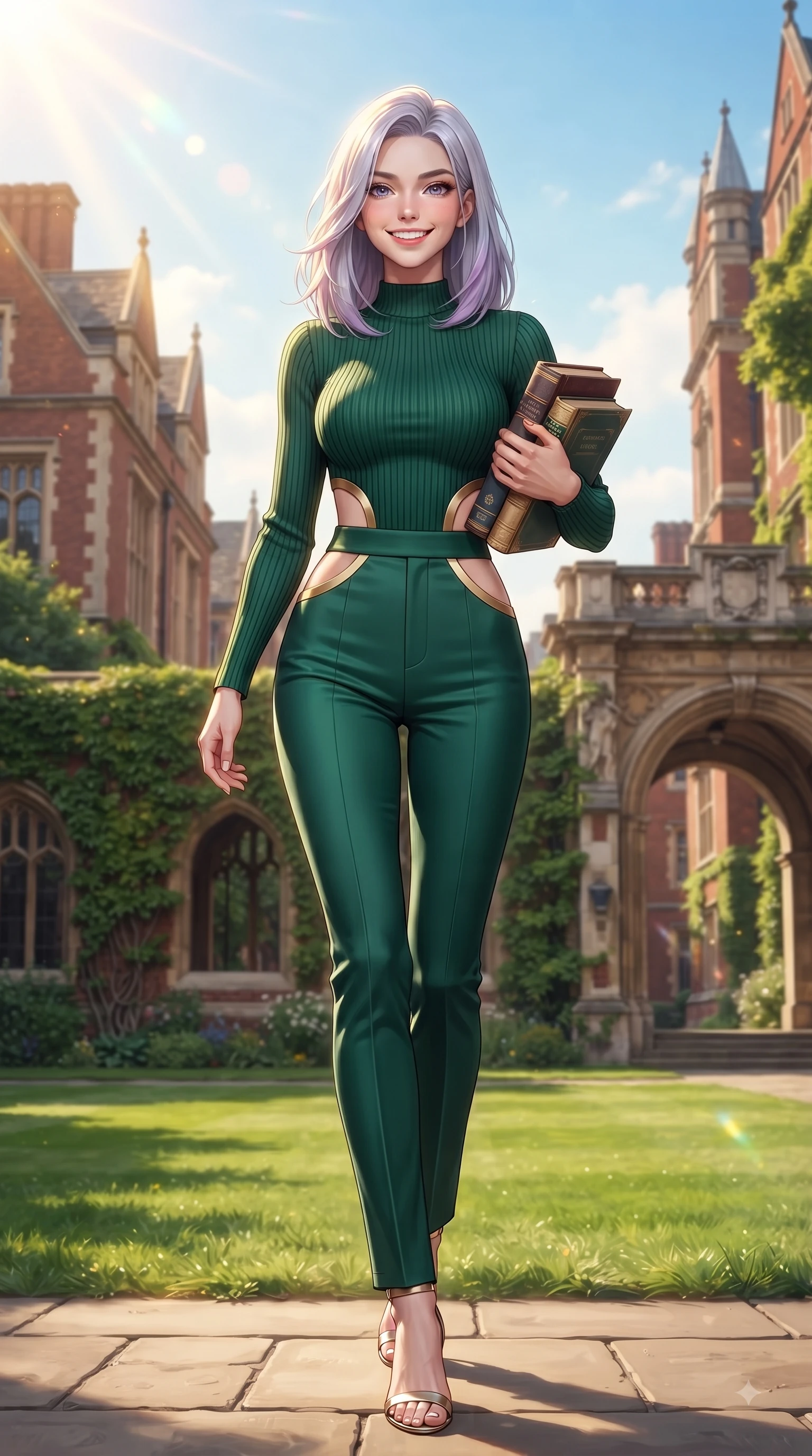 score_9, masterpiece, best quality, ultra-detailed, high-budget anime keyframe, editorial fashion photography, tasteful artistic composition, Caucasian woman. low angle full-body shot from head to toe showing her feet, filling the entire 9:16 vertical frame with her statuesque presence, stretching her vertical silhouette. walking forward in a proud dynamic stride with a cheerful beaming smile, her vertical silhouette filling the frame while walking happily across a lush green university campus quad carrying books with a beaming smile. The surrounding environment is rendered in vivid detail and crisp panoramic clarity. classic red-brick campus architecture, ivy-covered stone walls, and grand archways captured in deep focus. She has an absolutely perfect, statuesque 8.5-heads proportion, an exceptionally tall and slender model-like female figure with impossibly long slender legs and an ultra-slim waist. sharp v-shaped jawline, high-bridge nose, intricate jewel-like eyes with depth, thick eyelashes, glossy lips with a natural sheen, flawlessly proportioned anatomical accuracy, natural body alignment, perfectly sculpted elegant limbs, clean dynamic posture without body distortion. wearing a form-contouring ribbed knit top paired with high-waisted tailored stretch trousers in bright emerald green and warm gold trim, crafted from smooth liquid silk satin, complemented by clean architectural cutouts along her slender torso, the tailored fabric tightly following every curve of her athletic build. illuminated by warm golden sunbursts and bright clear sky refractions. ultra-reflective glossy finish, specular highlights, metallic sheen, high-contrast stereoscopic depth, volumetric dynamic lighting, 2k, ultra detail, master piece, 9:16 ratio