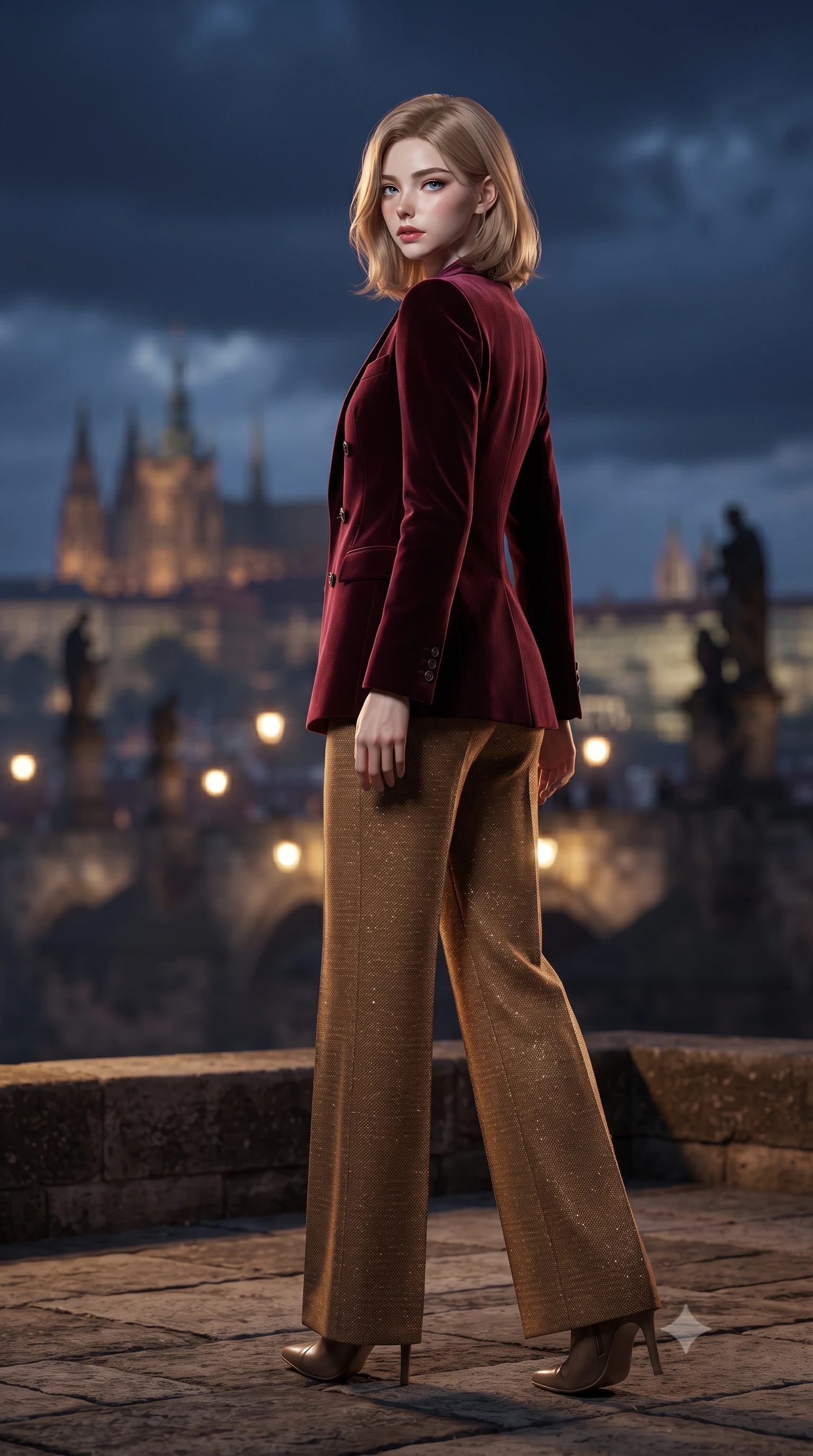 score_9, masterpiece, best quality, ultra-detailed, high-budget anime keyframe, editorial fashion photography, tasteful artistic composition, Korean woman. low angle full-body shot from head to toe showing her feet, filling the entire 9:16 vertical frame with her statuesque presence, stretching her vertical silhouette. walking along the terrace with poise, looking back over her bare shoulder with an irresistible smoldering bedroom-gaze while twisting her slender torso in an alluring S-curve, gas streetlight glows from the bridge below tracing her flat midriff and hourglass curves. The background shows a soft-focus illuminated statues of the Charles Bridge spanning the misty Vltava, distant spires of St. Vitus Cathedral against midnight indigo clouds, blurred into topaz, slate, and amber bokeh. She has an exceptionally tall and slender model-like 8.5-heads proportion, an ultra-slim waist, a flat toned midriff, narrow delicate ribcage, and beautifully sculpted feminine hips creating a graceful, slim hourglass silhouette without any bulky heaviness, with impossibly long slender legs. sharp v-shaped jawline, high-bridge nose, intricate jewel-like sparkling eyes with depth, thick eyelashes, glossy parted lips with a natural peach sheen, bright cheerful beaming smile with an enchanting and coquettish sensual glint, exuding both youthful cute charm and seductive allure, flawlessly proportioned anatomical accuracy, strict slender model proportions, natural body alignment, perfectly sculpted long slender limbs, ultra-slim waistline, clean dynamic posture without body distortion. wearing a tailored Bohemian double-breasted velvet smoking jacket paired with wide-leg satin-stripe trousers in Franschhoek vineyard pinotage burgundy and oak honey, woven from structured British tweed with subtle metallic flecks, finished with a thin velvet ribbon choker and a single teardrop diamond pendant, the impeccably tailored cut draping gracefully along her slender figure with aristocratic poise. illuminated by stone wall bounce fill and sharp copper-gold rim lights defining her dewy collarbones, ultra-slim waist, and curvy hips. ultra-reflective glossy finish, specular highlights, rich textural contrasts, high-contrast stereoscopic depth, volumetric dynamic lighting, 2k, ultra detail, master piece, 9:16 ratio