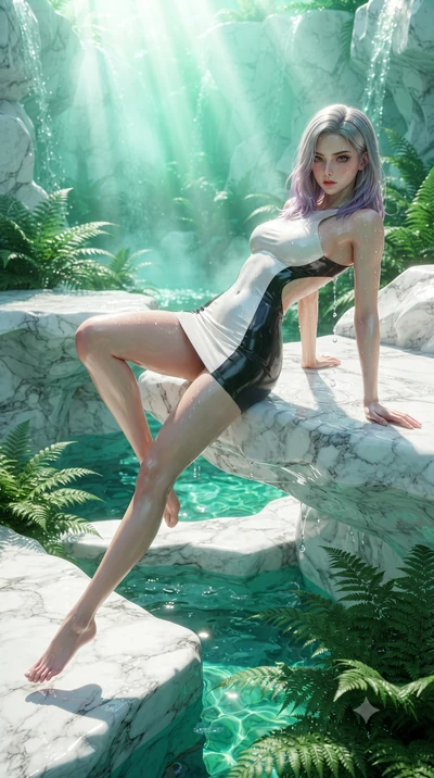 score_9, masterpiece, best quality, ultra-detailed, high-budget anime keyframe, editorial fashion photography, tasteful artistic composition, Caucasian woman. low angle full-body shot from head to toe showing her feet, filling the entire 9:16 vertica