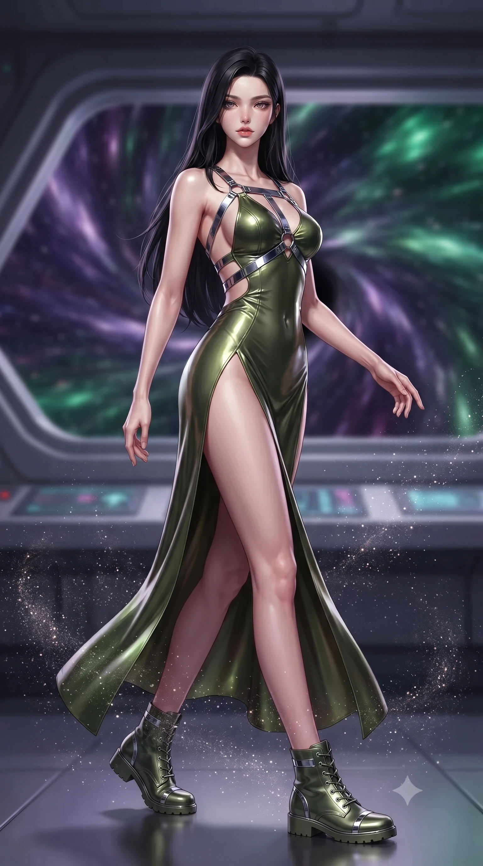 score_9, masterpiece, best quality, ultra-detailed, high-budget anime keyframe, editorial fashion photography, tasteful artistic composition, Korean woman. low angle full-body shot from head to toe showing her feet, filling the entire 9:16 vertical frame with her statuesque presence, stretching her vertical silhouette. stepping gracefully through floating stardust particles, her body-contouring suit showing her athletic, slender silhouette, the background shows a soft-focus the control bridge of a singularity cruiser with a panoramic window showing warps. She has an absolutely perfect, statuesque 8.5-heads proportion, an exceptionally tall and slender model-like female figure with impossibly long slender legs and an ultra-slim waist. sharp v-shaped jawline, high-bridge nose, intricate jewel-like eyes with depth, thick eyelashes, glossy lips with a natural sheen. wearing a body-hugging dramatic open-back maxi combat dress in olive green, featuring a high thigh slit and chrome straps. the deep violet and emerald hues of a cosmic singularity bending the light. ultra-reflective glossy finish, specular highlights, metallic sheen, high-contrast stereoscopic depth, volumetric dynamic lighting, 2k, ultra detail, master piece, 9:16 ratio