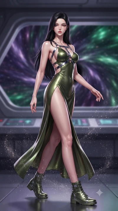 score_9, masterpiece, best quality, ultra-detailed, high-budget anime keyframe, editorial fashion photography, tasteful artistic composition, Korean woman. low angle full-body shot from head to toe showing her feet, filling the entire 9:16 vertical f