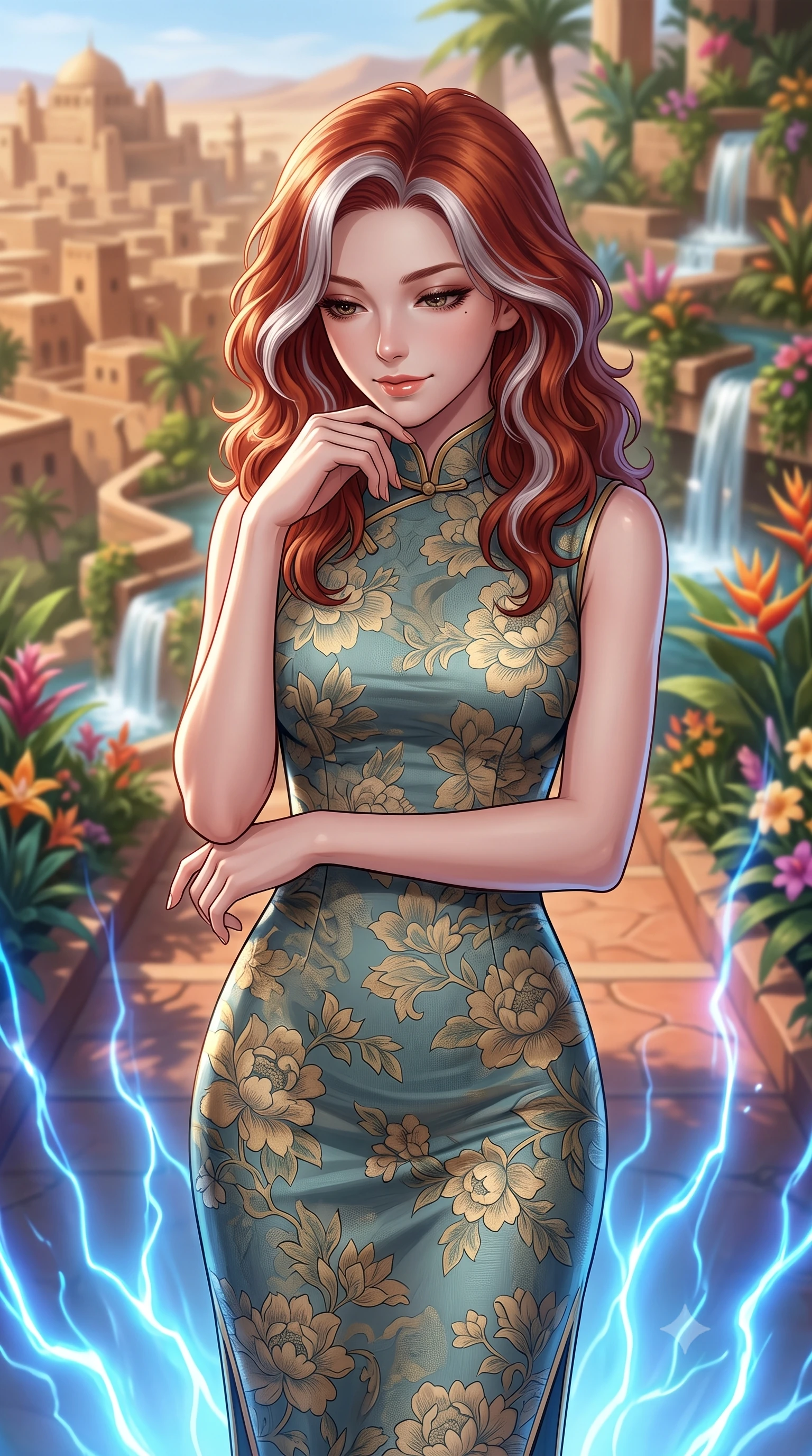 score_9, masterpiece, best quality, ultra-detailed, high-budget anime keyframe, editorial fashion photography, tasteful artistic composition, Caucasian woman, strictly human ears. close-up cowboy shot from the waist and thighs up, the character dominates the composition, filling the frame with her large presence, background elements kept in soft focus. Looking down with a gentle, thoughtful smile full of quiet warmth. set against a soft-focus background of on the stepped terraces of a lush hanging garden filled with tropical flowers, cascading waterfalls, and terracotta pathways overlooking an ancient desert city. She has an exceptionally elegant, slender, and willowy female figure with a highly-defined ultra-slim waist, a gracefully sculpted slender torso, and a refined slim-fit silhouette that contours her form. sharp v-shaped jawline, high-bridge nose, intricate jewel-like eyes with depth, thick eyelashes, glossy lips with a natural sheen. wearing a form-fitting modern fusion qipao-inspired midi dress in muted teal and gold floral print with a mandarin collar. pulsing electric blue plasma arc lighting rising dramatically from below. 2k, ultra detail, master piece, 9:16 ratio