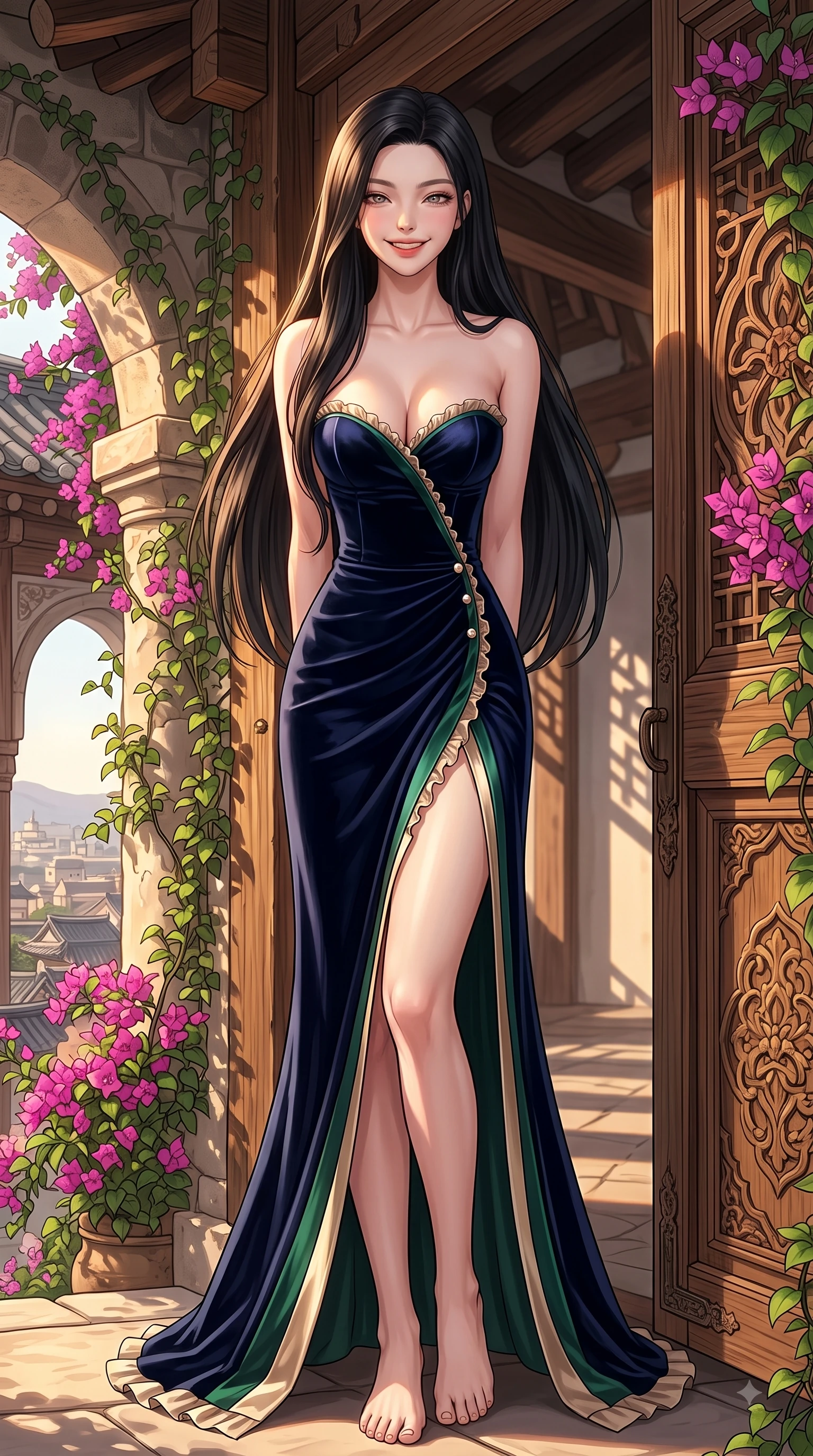 score_9, masterpiece, best quality, ultra-detailed, high-budget anime keyframe, editorial fashion photography, tasteful artistic composition, Korean woman. low angle full-body shot from head to toe showing her feet, filling the entire 9:16 vertical frame with her statuesque presence, stretching her vertical silhouette. Playful cute grin with eyes crinkling in pure girlhood delight, leaning forward with adorable energy while resting gracefully against an antique carved wooden doorway as golden hour light illuminates her face. The surrounding environment is rendered in vivid detail and crisp panoramic clarity. vibrant bougainvillea blossoms, historic archways, and detailed architectural shadows in panoramic clarity. She has an absolutely perfect, statuesque 8.5-heads proportion, an exceptionally tall and slender model-like female figure with impossibly long slender legs and an ultra-slim waist. sharp v-shaped jawline, high-bridge nose, intricate jewel-like eyes with depth, thick eyelashes, glossy lips with a natural sheen, flawlessly proportioned anatomical accuracy, natural body alignment, perfectly sculpted elegant limbs, clean dynamic posture without body distortion. wearing a sleek dark navy velvet bustier gown with a deep slit and metallic accents in deep emerald green and champagne gold, crafted from smooth liquid silk satin, accented with delicate pearl buttons and refined ruffle trims, the form-contouring material accentuating her ultra-slim waist and long lines. illuminated by high-contrast directional key light and warm ambient reflections. highly saturated vibrant anime colors, detailed shading with soft gradients, rich glossy textures, high-contrast stereoscopic depth, volumetric dynamic lighting, master piece, 9:16 ratio