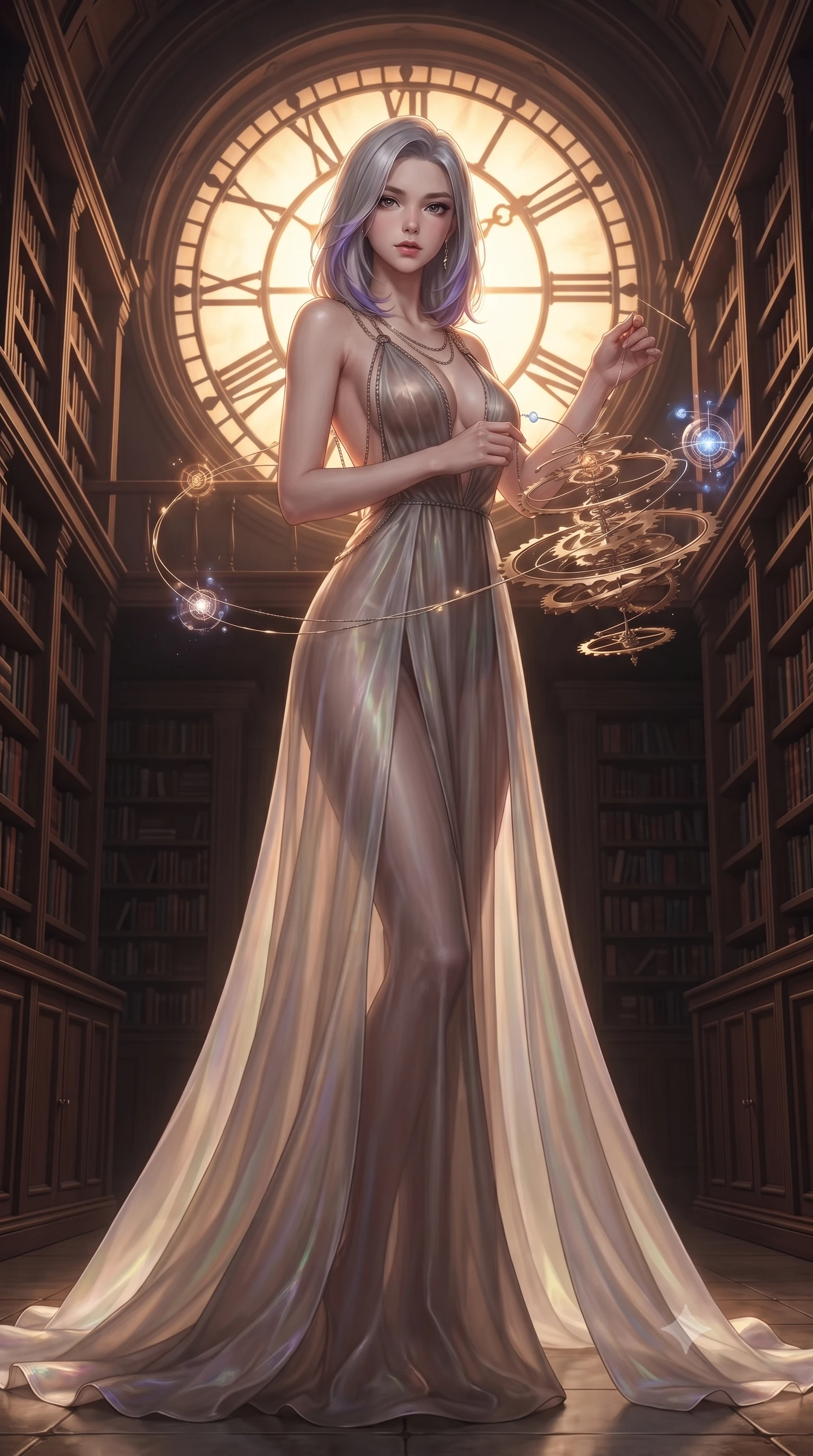 score_9, masterpiece, best quality, ultra-detailed, high-budget anime keyframe, editorial fashion photography, tasteful artistic composition, Caucasian woman. low angle full-body shot from head to toe showing her feet, filling the entire 9:16 vertical frame with her statuesque presence, stretching her vertical silhouette. interacting gracefully with the magical floating elements while maintaining a confident posture threading glowing clockwork spring wires inside a majestic archives hall, dramatic twilight amber light streaming through the giant clock window. She has an absolutely perfect, statuesque 8.5-heads proportion, an exceptionally tall and slender model-like female figure with impossibly long slender legs and an ultra-slim waist. sharp v-shaped jawline, high-bridge nose, intricate jewel-like eyes with depth, thick eyelashes, glossy lips with a natural sheen. wearing a translucent iridescent chiffon gown with a plunging neckline and open back in muted taupe and soft ivory, crafted from smooth liquid silk, adorned with delicate metallic chain straps along the neckline, the form-contouring material highlighting her ultra-slim waist and long lines. bathed in warm twilight amber backlighting and rich metallic specular glow. ultra-reflective glossy finish, specular highlights, metallic sheen, high-contrast stereoscopic depth, volumetric dynamic lighting, 2k, ultra detail, master piece, 9:16 ratio