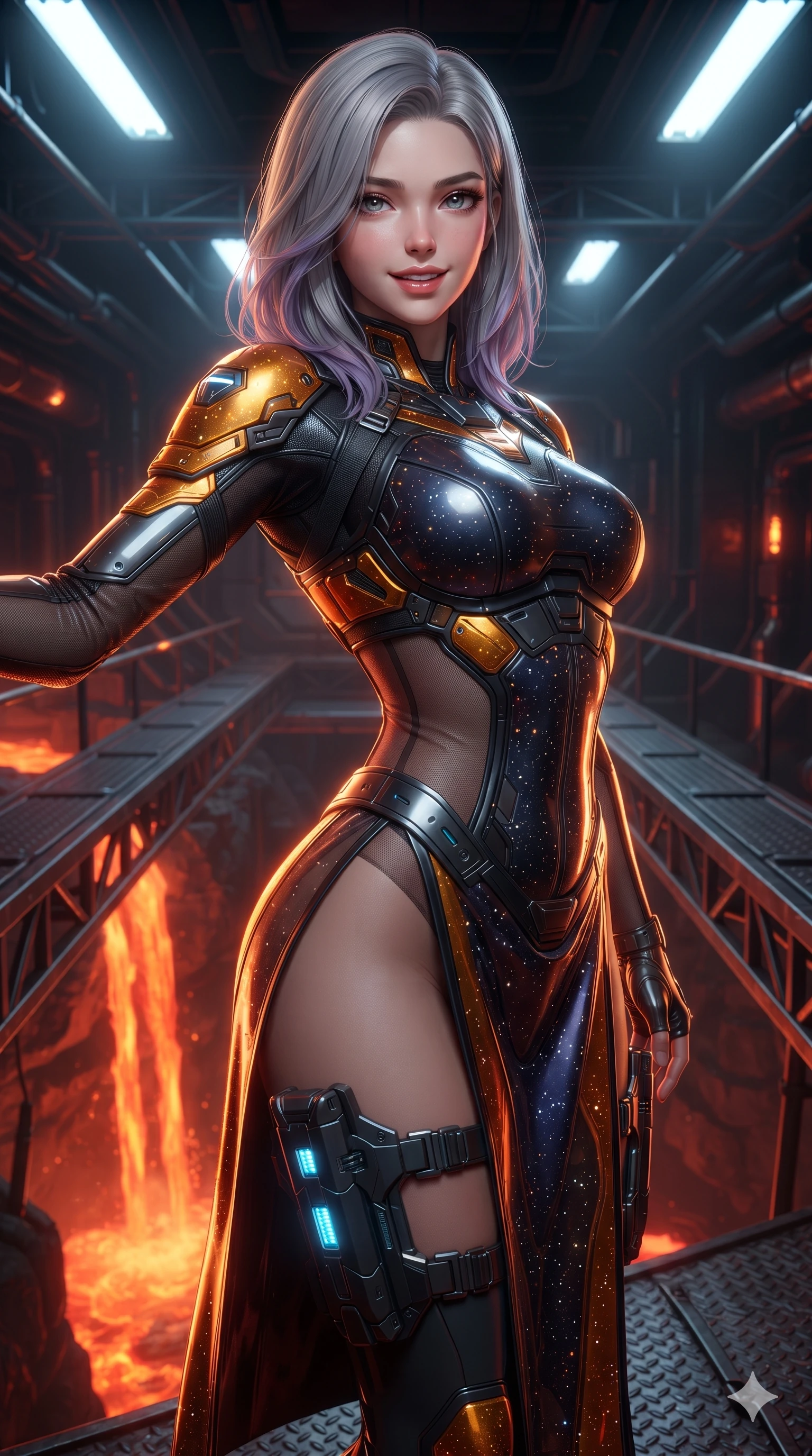score_9, masterpiece, best quality, ultra-detailed, high-budget anime keyframe, editorial fashion photography, tasteful artistic composition, Caucasian woman. close-up cowboy shot from the waist and thighs up, the character dominates the composition, filling the frame with her large presence. twisting her slender torso in an alluring S-curve, dynamic rim light painting her narrow waist and curvy hips in fire while standing poised on the suspended titanium gantry high above a subterranean lava river, arching her back with sovereign grace as liquid magma cascades into the void below. The surrounding environment is rendered in vivid detail and crisp panoramic clarity: sharp heat-treated titanium truss bolts, textured non-slip gantry plates, and glowing thermal pipe fittings in deep focus. She has an exceptionally elegant, slender, and willowy female figure with an ultra-slim waist, flat toned midriff, narrow ribcage, and sculpted feminine hips creating an alluring, slim hourglass silhouette without bulk. sharp v-shaped jawline, high-bridge nose, intricate jewel-like sparkling eyes with depth, thick eyelashes, glossy parted lips with a natural sheen, bright confident smile with an enchanting and coquettish sensual glint, exuding both youthful magnetic charm and sovereign high-tech allure, flawlessly proportioned anatomical accuracy, strict slender model proportions, natural body alignment, perfectly sculpted long slender limbs, ultra-slim waistline, clean dynamic posture without body distortion. wearing a cyber-samurai tactical suit featuring a shortened carbon chestplate and high-slit armored wrap skirt in cosmic eclipse amber and starlight diamond, featuring strategic sheer-illusion tulle side panels framing her ribcage and hips, complemented by sleek cybernetic thigh holsters with illuminated power cells, the form-contouring cut accentuating her sculpted flat midriff, narrow delicate ribcage, and gracefully curvy hips with cybernetic supermodel precision. bathed in the radiant 2000K upward glow of the cascading magma river combined with overhead industrial quartz worklights. ultra-reflective glossy finish, specular highlights, rich textural contrasts, high-contrast stereoscopic depth, volumetric dynamic lighting, 2k, ultra detail, master piece, 9:16 ratio