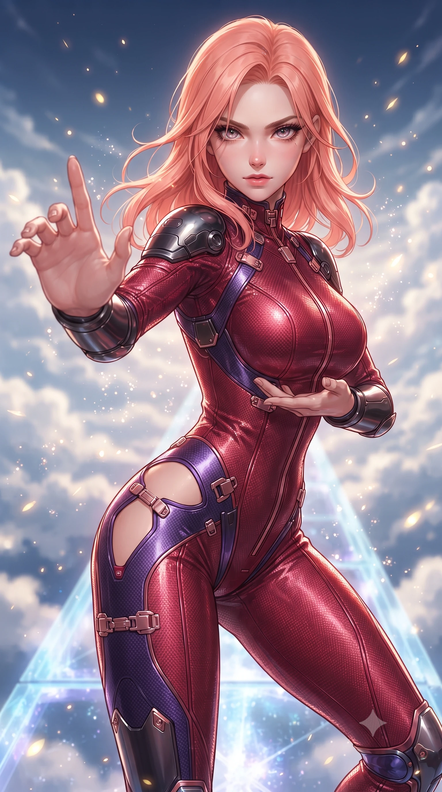 score_9, masterpiece, best quality, ultra-detailed, high-budget anime keyframe, editorial fashion photography, tasteful artistic composition, Japanese woman. close-up cowboy shot from the waist and thighs up, the character dominates the composition, filling the frame with her large presence. in a razor-sharp Panzer Kunst fighting guard, one hand extended with palm open in fluid kinetic tension, captivating jewel-like eyes locked onto the viewer with dangerous focus while stepping along a glowing crystal bridge suspended above clouds with arms held in ancient martial arts harmony. The composition keeps background elements in soft focus with creamy bokeh. sparkling energy particles and golden light motes scattering radiance across a sacred sky backdrop. She has an exceptionally elegant, slender, and willowy female figure with an ultra-slim waist, a gracefully sculpted slender torso, toned flat midriff, and a refined slim silhouette. sharp v-shaped jawline, high-bridge nose, intricate jewel-like eyes with depth, thick eyelashes, glossy lips with a natural sheen, flawlessly proportioned anatomical accuracy, strict slender model proportions, natural body alignment, perfectly sculpted long slender limbs, ultra-slim waistline, clean dynamic posture without body distortion. wearing a skin-tight crimson carbon-weave battle-suit with metallic dark chrome elbow dampers and hip-accentuating cutouts in royal purple carbon fiber with rose-gold hardware and clasps, crafted from semi-translucent cybernetic carbon-vinyl interwoven with glowing micro-filaments, finished with high-mobility flexible limb seams and miniature magnetic armor locks, the sleek second-skin cut tightly hugging her graceful clavicle, narrow waist, and feminine curves with athletic precision. surrounded by an awe-inspiring, ancient, and radiantly transcendent martial muse sovereignty aura. ultra-reflective glossy finish, specular highlights, dark metallic sheen, high-contrast stereoscopic depth, volumetric dynamic lighting, 2k, ultra detail, master piece, 9:16 ratio