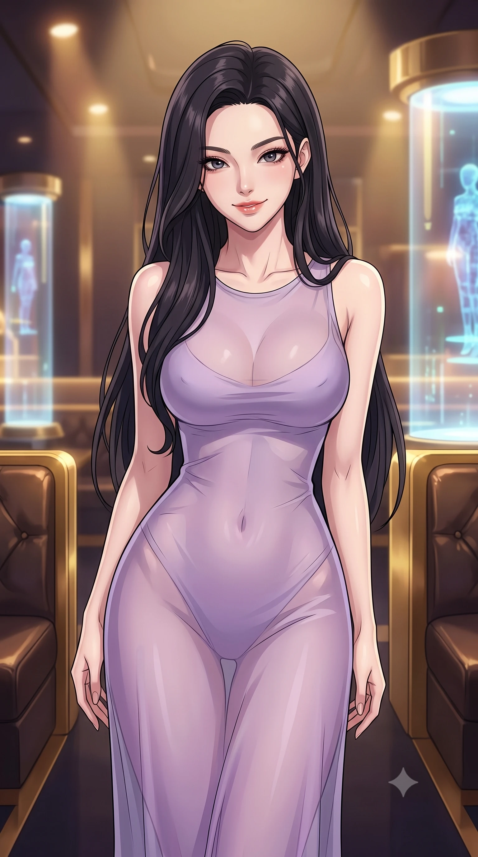 score_9, masterpiece, best quality, ultra-detailed, high-budget anime keyframe, tasteful artistic composition, Korean woman. close-up cowboy shot from the waist and thighs up, the character dominates the composition, filling the frame with her large presence, background elements kept in soft focus. leaning slightly forward with a playful, teasing smile, her gaze locked onto the viewer the background shows a soft-focus a futuristic VIP lounge with gold-trimmed leather booths and holographic projection pillars. She has an exceptionally elegant, slender, and willowy female figure with an ultra-slim waist, a gracefully sculpted slender torso, and a refined silhouette. sharp v-shaped jawline, high-bridge nose, intricate jewel-like eyes with depth, thick eyelashes, glossy lips with a natural sheen. wearing a body-hugging semi-transparent chiffon maxi dress in lavender, showing her silhouette through the sheer fabric. soft warm spotlights creating a premium, mysterious atmosphere. highly saturated vibrant anime colors, cel-shading, 2d style, master piece, 9:16 ratio