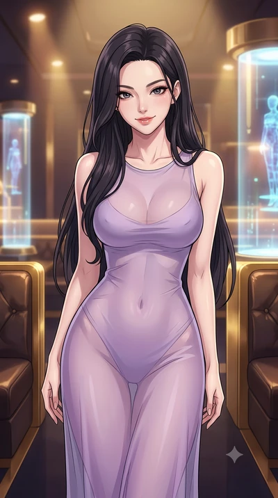 score_9, masterpiece, best quality, ultra-detailed, high-budget anime keyframe, tasteful artistic composition, Korean woman. close-up cowboy shot from the waist and thighs up, the character dominates the composition, filling the frame with her large 
