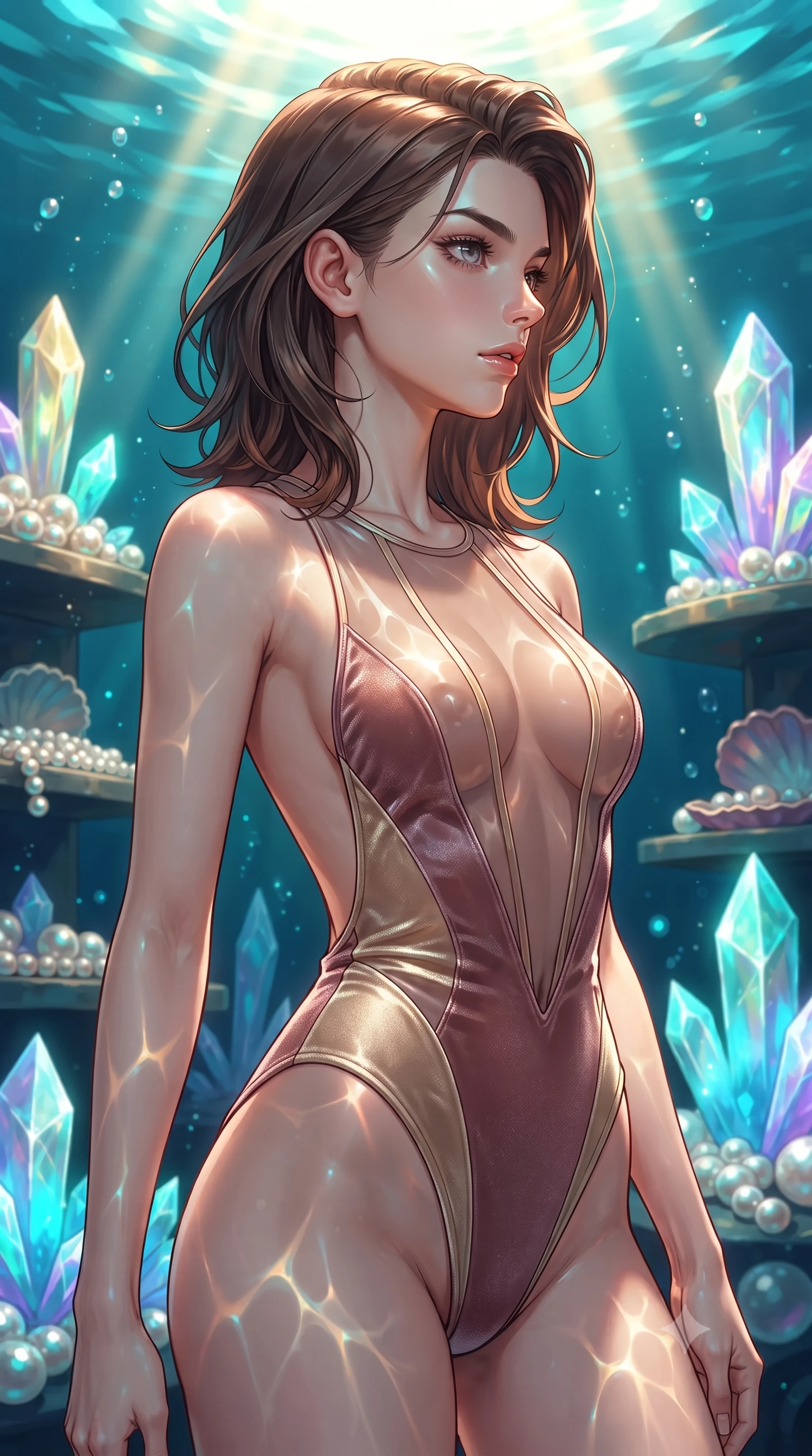 score_9, masterpiece, best quality, ultra-detailed, high-budget anime keyframe, editorial fashion photography, tasteful artistic composition, Korean woman. close-up cowboy shot from the waist and thighs up, the character dominates the composition, filling the frame with her large presence, background elements kept in soft focus. Turning her face in sharp dramatic profile against the bright light, showcasing her sharp v-shaped jawline standing beside a pearl archive sanctuary filled with glowing sea crystals, golden sunbeams penetrating deep turquoise water creating caustic light patterns. She has an exceptionally elegant, slender, and willowy female figure with an ultra-slim waist, a gracefully sculpted slender torso, and a refined silhouette. sharp v-shaped jawline, high-bridge nose, intricate jewel-like eyes with depth, thick eyelashes, glossy lips with a natural sheen. wearing a high-cut translucent vinyl leotard with front paneling and open back in dusty rose and champagne gold, made of premium stretch velvet with a rich sheen, featuring clean architectural cutouts along her slender torso, the elegant draped fit framing her graceful clavicle and slender torso. illuminated by luminous aqua bioluminescence and warm golden top lighting. highly saturated vibrant anime colors, detailed shading with soft gradients, rich glossy textures, high-contrast stereoscopic depth, volumetric dynamic lighting, master piece, 9:16 ratio
