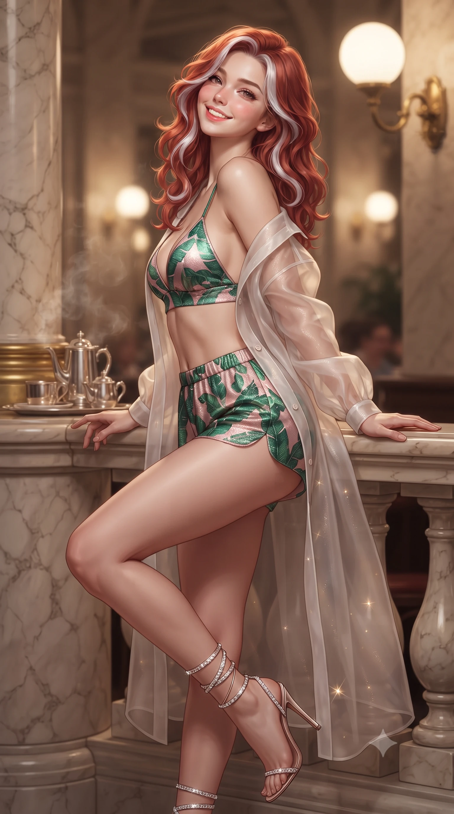 score_9, masterpiece, best quality, ultra-detailed, high-budget anime keyframe, editorial fashion photography, tasteful artistic composition, Caucasian woman. close-up cowboy shot from the waist and thighs up, the character dominates the composition, filling the frame with her large presence. leaning back against the balustrade with relaxed seductive grace, head tilted back slightly while casting a hypnotic, heavy-lidded gaze while leaning against the fluted polished marble pillar with hips cocked back, looking over a bare shoulder with an irresistible bedroom-gaze. The background shows a soft-focus gentle rising steam from silver coffee services softened in historic Viennese grand café shallow focus. She has an exceptionally elegant, slender, and willowy female figure with an ultra-slim waist, flat toned midriff, narrow ribcage, and sculpted feminine hips creating an alluring, slim hourglass silhouette without bulk. sharp v-shaped jawline, high-bridge nose, intricate jewel-like sparkling eyes with depth, thick eyelashes, glossy parted lips with a natural peach sheen, bright cheerful beaming smile with an enchanting and coquettish sensual glint, exuding both youthful cute charm and seductive allure, flawlessly proportioned anatomical accuracy, strict slender model proportions, natural body alignment, perfectly sculpted long slender limbs, ultra-slim waistline, clean dynamic posture without body distortion. wearing a sheer silk organza modern caftan robe worn loose and slipping off bare shoulders over a matching satin bralette and micro-shorts in Beverly Hills vintage banana-leaf emerald and blush pink, woven from stretch metallic lurex jersey casting radiant starlight glints across her curves, complemented by strappy stiletto sandals with crystal ankle wraps accentuating her slender calves, the glove-like clinging cut tightly following the natural contour of her hips and long slender legs with youthful 8.5-heads elegance. bathed in the warm, cozy 2400K illumination of milk-glass globes and brass reading sconces. ultra-reflective glossy finish, specular highlights, rich textural contrasts, high-contrast stereoscopic depth, volumetric dynamic lighting, 2k, ultra detail, master piece, 9:16 ratio