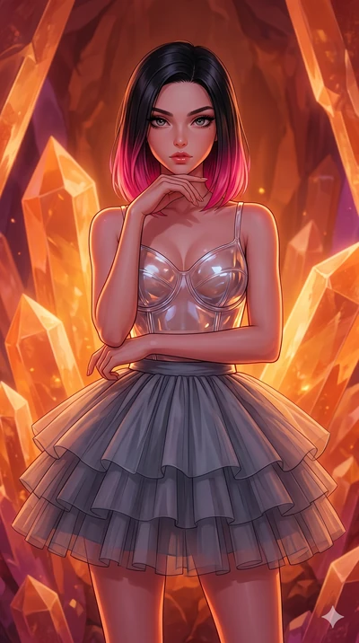 score_9, masterpiece, best quality, ultra-detailed, high-budget anime keyframe, editorial fashion photography, tasteful artistic composition, Korean woman. cowboy shot from the thighs up, character and outfit filling the frame for maximum editorial p