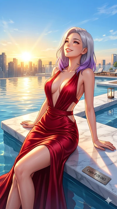 score_9, masterpiece, best quality, ultra-detailed, high-budget anime keyframe, vibrant anime aesthetic, Caucasian woman, strictly human ears. cowboy shot from the thighs up, character and outfit filling the frame for maximum presence. She is leaning