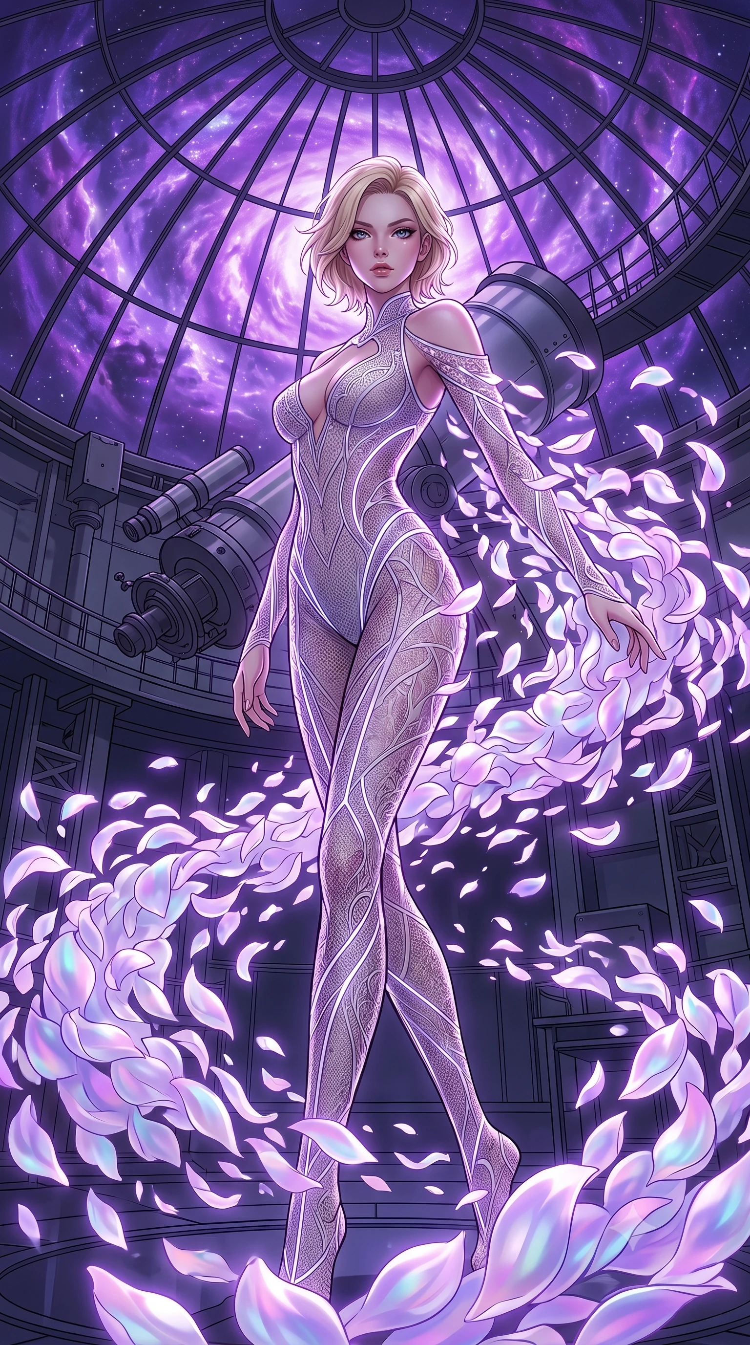 score_9, masterpiece, best quality, ultra-detailed, High-budget Anime Keyframe, Caucasian woman, strictly human ears. Dynamic full-body shot stretching the vertical silhouette to the limit. Scenario 271: dissolving into a cloud of iridescent silk petals inside a high-altitude observatory dome under a swirling violet nebula. Her presence is magnetic and overpowering in this high-budget anime scene. Outfit 271: a tailored micro-mesh lace mesh with a low-cut shoulder and glowing LED seams. The clothing is designed to emphasize her exceptionally tall and slender 8-heads proportion. 8-heads proportion, towering silhouette, ultra-slim waist. sharp v-shaped jawline, intricate jewel-like eyes with depth, thick eyelashes, glossy lips. 2k, ultra detail, master piece, 9:16 ratio