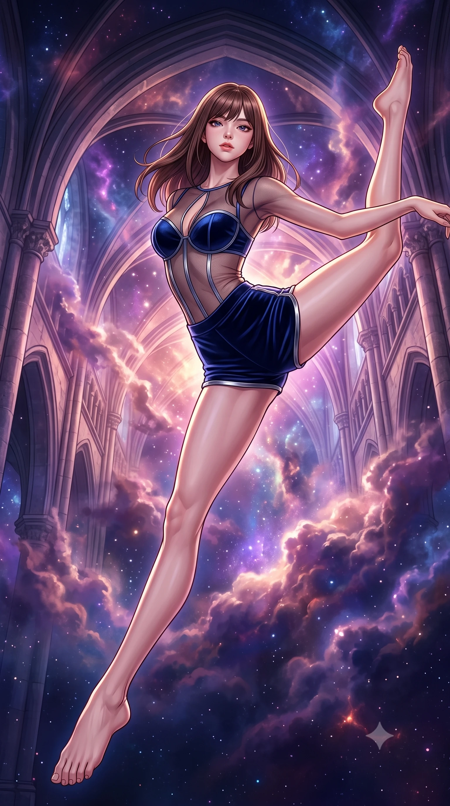 score_9, masterpiece, best quality, ultra-detailed, high-budget anime keyframe, editorial fashion photography, tasteful artistic composition, Korean woman. low angle full-body shot from head to toe showing her feet, filling the entire 9:16 vertical frame with her statuesque presence, stretching her vertical silhouette. leaping gracefully through mid-air with statuesque elegance, her impossibly long slender legs stretched in perfect balance while pivoting her body in a dynamic S-curve as cosmic nebula clouds swirl around her, vivid purple and rose-gold nebula clouds glowing through cathedral-like arches. She has an absolutely perfect, statuesque 8.5-heads proportion, an exceptionally tall and slender model-like female figure with impossibly long slender legs and an ultra-slim waist. sharp v-shaped jawline, high-bridge nose, intricate jewel-like eyes with depth, thick eyelashes, glossy lips with a natural sheen, flawlessly proportioned anatomical accuracy, natural body alignment, perfectly sculpted elegant limbs, clean dynamic posture without body distortion. wearing a delicate see-through mesh top with structured cup boning and micro-shorts in midnight navy blue and chrome trim, made of premium stretch velvet with a rich sheen, accented with a Tasteful chest slit framing her clavicle gracefully, the tailored fabric tightly following every curve of her athletic build. bathed in dramatic cosmic pink and navy nebula backlighting with gold key light. highly saturated vibrant anime colors, detailed shading with soft gradients, rich glossy textures, high-contrast stereoscopic depth, volumetric dynamic lighting, master piece, 9:16 ratio