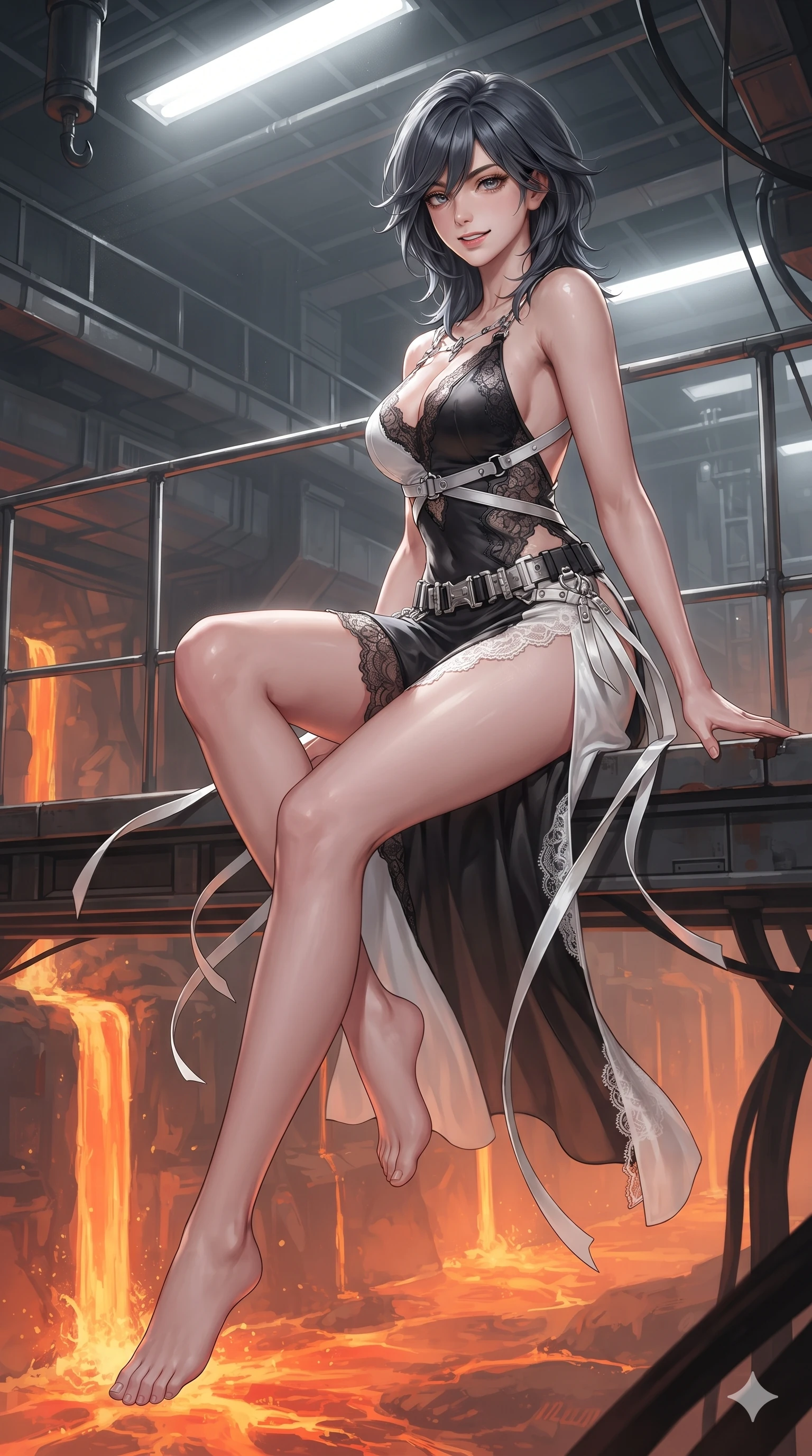 score_9, masterpiece, best quality, ultra-detailed, high-budget anime keyframe, editorial fashion photography, tasteful artistic composition, Caucasian woman. low angle full-body shot from head to toe showing her feet, filling the entire 9:16 vertical frame with her statuesque presence, stretching her vertical silhouette. executing a cheerful mid-motion pivot turn as her tactical belt and ribbons flutter around her slender legs, glancing over her shoulder with an intoxicating, teasing bedroom-gaze while sitting poised on the observation gantry ledge with legs crossed, flashing an enchanting, confident smile as thermal winds flutter her ribbons. The surrounding environment is rendered in vivid detail and crisp panoramic clarity: detailed high-tech combat tailoring, tactical belt hardware, and monumental subterranean infrastructure in crisp definition. She has an absolutely perfect, statuesque 8.5-heads proportion, an exceptionally tall and slender model-like female figure with impossibly long slender legs, an ultra-slim waist, a flat toned midriff, narrow delicate ribcage, and beautifully sculpted feminine hips creating a graceful, slim hourglass silhouette without any bulky heaviness. sharp v-shaped jawline, high-bridge nose, intricate jewel-like sparkling eyes with depth, thick eyelashes, glossy parted lips with a natural sheen, bright confident smile with an enchanting and coquettish sensual glint, exuding both youthful magnetic charm and sovereign high-tech allure, flawlessly proportioned anatomical accuracy, strict slender model proportions, natural body alignment, perfectly sculpted long slender limbs, ultra-slim waistline, clean dynamic posture without body distortion. wearing a form-contouring gossamer cyber-chiffon flight slip with a hip-high slit and open cowl back clinging with dewy moisture in dual-tone high-contrast monochrome black and stark white, made of delicate semi-sheer French Chantilly lace with intricate eyelash edges, finished with high-tension magnetic quick-release clasps glinting along her collarbones, the form-fitting tactical tailoring adhering flawlessly to her sculpted flat midriff and slender torso, emphasizing her long leg lines and perfectly proportioned willowy build. bathed in the radiant 2000K upward glow of the cascading magma river combined with overhead industrial quartz worklights. ultra-reflective glossy finish, specular highlights, rich textural contrasts, high-contrast stereoscopic depth, volumetric dynamic lighting, 2k, ultra detail, master piece, 9:16 ratio