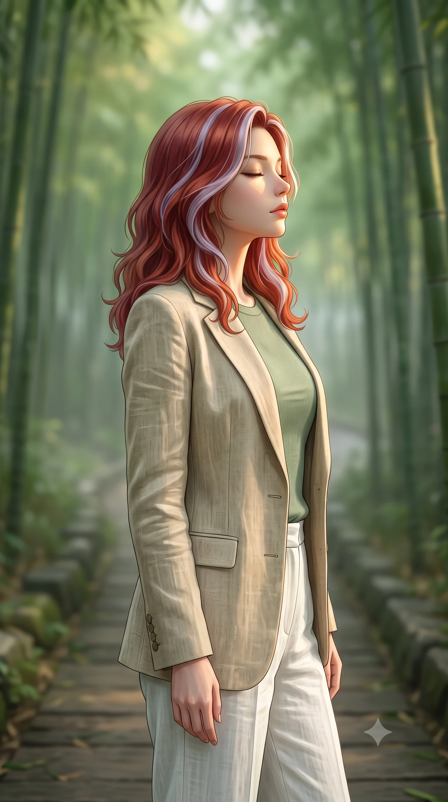 score_9, masterpiece, best quality, ultra-detailed, high-budget anime keyframe, editorial fashion photography, tasteful artistic composition, Caucasian woman woman. close-up cowboy shot from the waist and thighs up, the character dominates the composition, filling the frame with her large presence, background elements kept in soft focus. turning her face in profile to catch the warm sunlight on her cheek, eyes softly closed the background shows a soft-focus a wooden path cutting through a misty green bamboo forest. She has an exceptionally elegant, slender, and willowy female figure with an ultra-slim waist, a gracefully sculpted slender torso, and a refined silhouette. sharp v-shaped jawline, high-bridge nose, intricate jewel-like eyes with depth, thick eyelashes, glossy lips with a natural sheen. wearing a tailored tailored beige linen blazer over a sage green knit top and white trousers. soft, diffused green-tinted light creating a calm, meditative atmosphere. 2k, ultra detail, master piece, 9:16 ratio