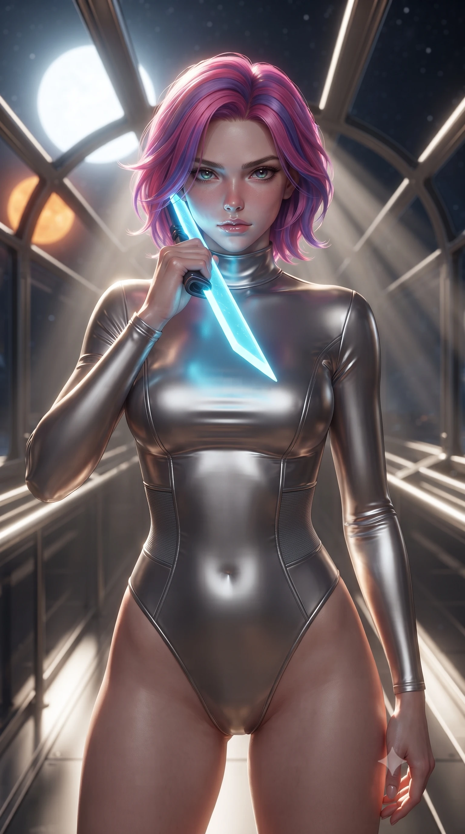 score_9, masterpiece, best quality, ultra-detailed, high-budget anime keyframe, editorial fashion photography, tasteful artistic composition, Caucasian woman. close-up cowboy shot from the waist and thighs up, the character dominates the composition, filling the frame with her large presence, background elements kept in soft focus. pressing the flat side of a glowing vibro-blade against her cheek, locking eyes with the viewer with bedroom-eyes, the background shows a soft-focus a train observation deck with glass panels showing a binary sun system. She has an exceptionally elegant, slender, and willowy female figure with an ultra-slim waist, a gracefully sculpted slender torso, and a refined silhouette. sharp v-shaped jawline, high-bridge nose, intricate jewel-like eyes with depth, thick eyelashes, glossy lips with a natural sheen. wearing a form-contouring body-hugging titanium-sheen mock-neck bodysuit, featuring elastic compression panels at the waist. volumetric sunbeams slicing through glass panels, creating dramatic light rays. ultra-reflective glossy finish, specular highlights, metallic sheen, high-contrast stereoscopic depth, volumetric dynamic lighting, 2k, ultra detail, master piece, 9:16 ratio