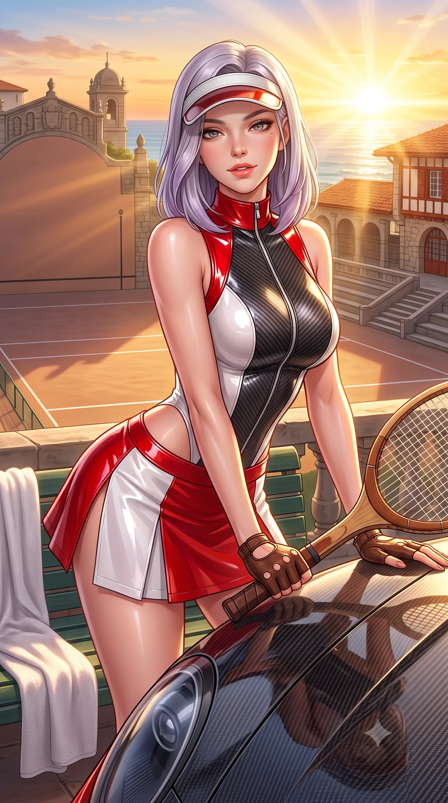 score_9, masterpiece, best quality, ultra-detailed, high-budget anime keyframe, semi-realistic 3D game render, editorial fashion photography, tasteful artistic composition, Caucasian woman. close-up cowboy shot from the waist and thighs up, the character dominates the composition, filling the frame with her large presence. leaning forward over the carbon car hood while arching her lower back to accentuate her curvy hips, looking into the camera with a confident smoldering smile and bedroom-eyes while sitting perched on the court stone balustrade with legs crossed, holding a wooden tennis racket with effortless French Basque allure. The surrounding environment is rendered in vivid detail and crisp panoramic clarity: detailed piqué knit weave, sun-kissed skin sheen, and historic French Basque sports architecture in high resolution. She has an exceptionally elegant, slender, and willowy female figure with an ultra-slim waist, flat toned midriff, narrow ribcage, and sculpted feminine hips creating an alluring, slim hourglass silhouette without bulk. sharp v-shaped jawline, high-bridge nose, sparkling eyes with athletic focus and depth, thick curled eyelashes, glossy parted lips with a natural coral-peach sheen, bright confident and coquettish smile with alluring bedroom-eyes, exuding both youthful sporty vigor and sovereign high-society glamour, flawlessly proportioned anatomical accuracy, strict slender model proportions, natural body alignment, perfectly sculpted long slender limbs, ultra-slim waistline, clean dynamic posture without body distortion. wearing a sleeveless high-collar racing bodysuit with carbon-fiber chestplate accents and a pleated wrap tennis skirt with side hip slit in Scuderia racing red and pure alabaster white, made of high-gloss reflective patent leather with mirror-like specular highlights, accented with a sporty retro tennis visor and fingerless leather driving gloves, the glove-like aerodynamic silhouette tightly following the natural contour of her hips and long slender legs with youthful 8.5-heads elegance. bathed in intense golden sunset rays breaking horizontally across the Atlantic Ocean. highly saturated vibrant anime colors, detailed shading with soft gradients, rich glossy textures, high-contrast stereoscopic depth, volumetric dynamic lighting, master piece, 9:16 ratio