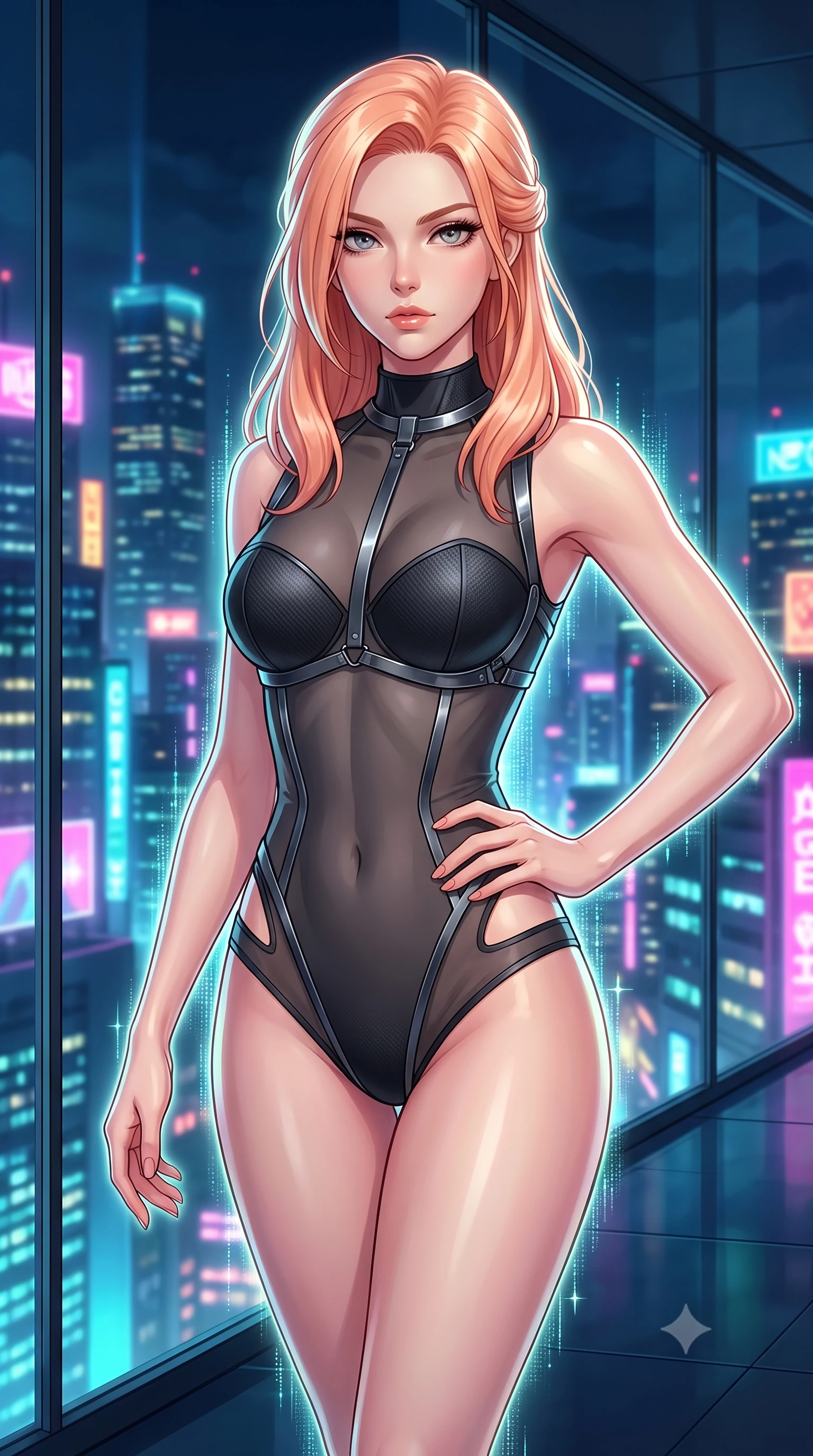 score_9, masterpiece, best quality, ultra-detailed, high-budget anime keyframe, editorial fashion photography, tasteful artistic composition, Japanese woman. close-up cowboy shot from the waist and thighs up, the character dominates the composition, filling the frame with her large presence, background elements kept in soft focus. Holding a confident power pose with one hand on her hip, walking past a panoramic glass wall looking out over a neon Cyber-Tokyo skyline, ultra-modern futuristic luxury fashion composition. She has an exceptionally elegant, slender, and willowy female figure with an ultra-slim waist, a gracefully sculpted slender torso, and a refined silhouette. sharp v-shaped jawline, high-bridge nose, intricate jewel-like eyes with depth, thick eyelashes, glossy lips with a natural sheen. wearing sculpted structured cup bodysuit in matte black carbon-fiber with hip cutouts in dark charcoal gray, made of sheer dark organza overlay, highlighted by a gunmetal metallic harness structure, the fitted fabric emphasizing her ultra-slim waist. surrounded by a glowing matrix aura with sharp edge highlights. highly saturated vibrant anime colors, detailed shading with soft gradients, rich glossy textures, high-contrast stereoscopic depth, volumetric dynamic lighting, master piece, 9:16 ratio