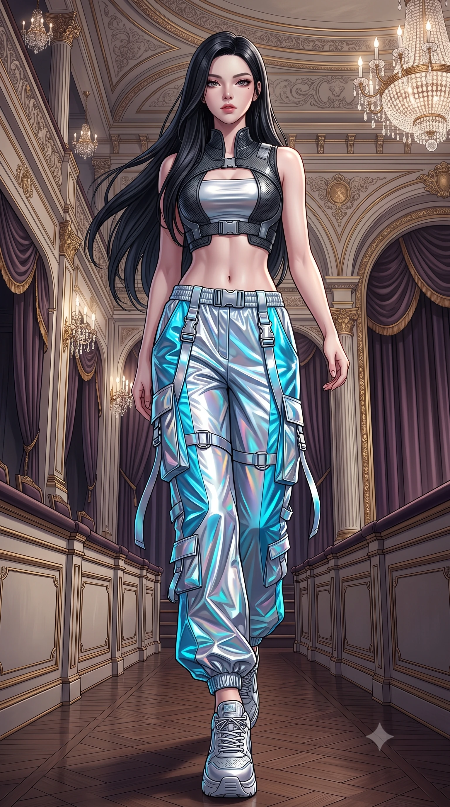 score_9, masterpiece, best quality, ultra-detailed, high-budget anime keyframe, semi-realistic 3D game render, editorial fashion photography, tasteful artistic composition, Korean woman. low angle full-body shot from head to toe showing her feet, filling the entire 9:16 vertical frame with her statuesque presence, stretching her vertical silhouette. striding forward in a proud, dynamic supermodel runway stride, her statuesque vertical silhouette commanding the entire frame while stepping along the private opera loge walkway with sweeping couture elegance and magnetic charisma. The surrounding environment is rendered in vivid detail and crisp panoramic clarity. high-contrast royal chiaroscuro and breathtaking neoclassical theater architecture rendered in precision. She has an absolutely perfect, statuesque 8.5-heads proportion, an exceptionally tall and slender model-like female figure with impossibly long slender legs, a toned flat midriff, and an ultra-slim waist. sharp v-shaped jawline, high-bridge nose, intricate jewel-like eyes with depth, thick eyelashes, glossy lips with a natural sheen, captivating and magnetic expression, flawlessly proportioned anatomical accuracy, strict slender model proportions, natural body alignment, perfectly sculpted long slender limbs, ultra-slim waistline, clean dynamic posture without body distortion. wearing a futuristic cropped tech-harness vest worn over a silver reflective tube top and high-rise metallic parachute cargo pants in holographic silver and electric cyan, crafted from high-gloss metallic ripstop nylon and flexible carbon mesh, detailed with heavy-duty chrome quick-release buckles and D-ring straps edition #21, the form-contouring material adhering flawlessly to her sculpted flat midriff and slender torso, emphasizing her long leg lines and perfectly proportioned willowy build. surrounded by an aristocratic, majestic, and enchantingly sovereign high-society queen aura. highly saturated vibrant anime colors, detailed shading with soft gradients, rich glossy textures, high-contrast stereoscopic depth, volumetric dynamic lighting, master piece, 9:16 ratio